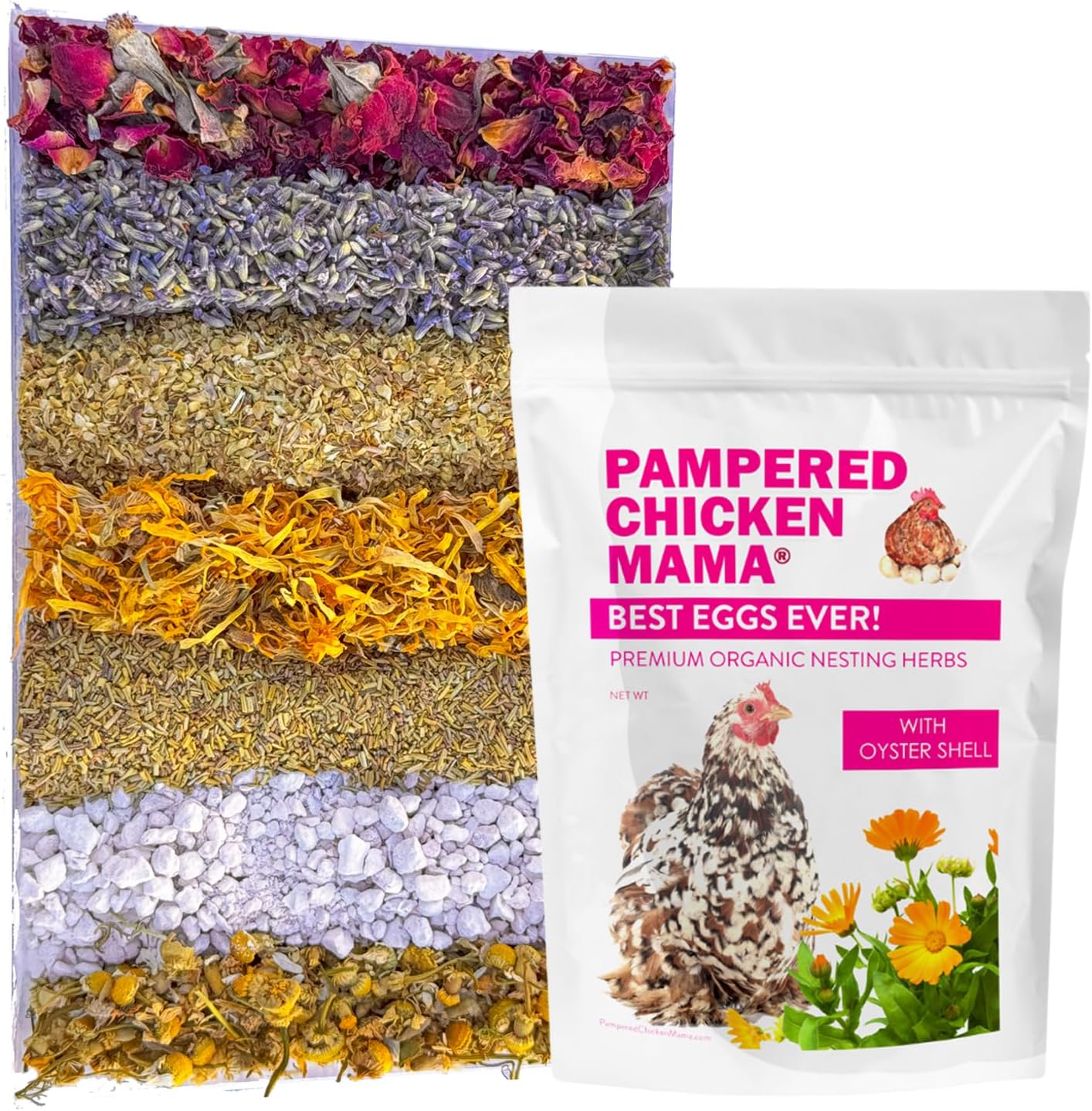Pampered Chicken Mama Best Eggs Ever! Nesting Herbs for Chickens (1.25 Pounds) Calcium Supplement for Chickens | Chicken Feed Supplies, Hen Treats for Coops