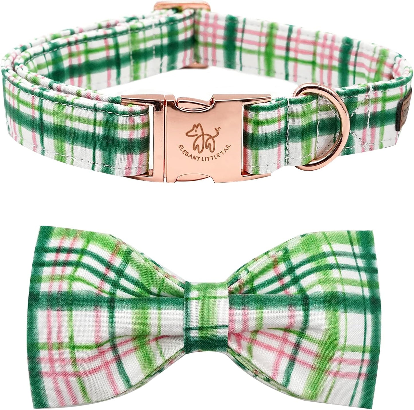 Elegant little tail Dog Collar with Bow - Pink with Green Plaid Boy or Girl Dog Collar Cute Bowtie Pet Collar Adjustable Dog Collar for Small Puppy