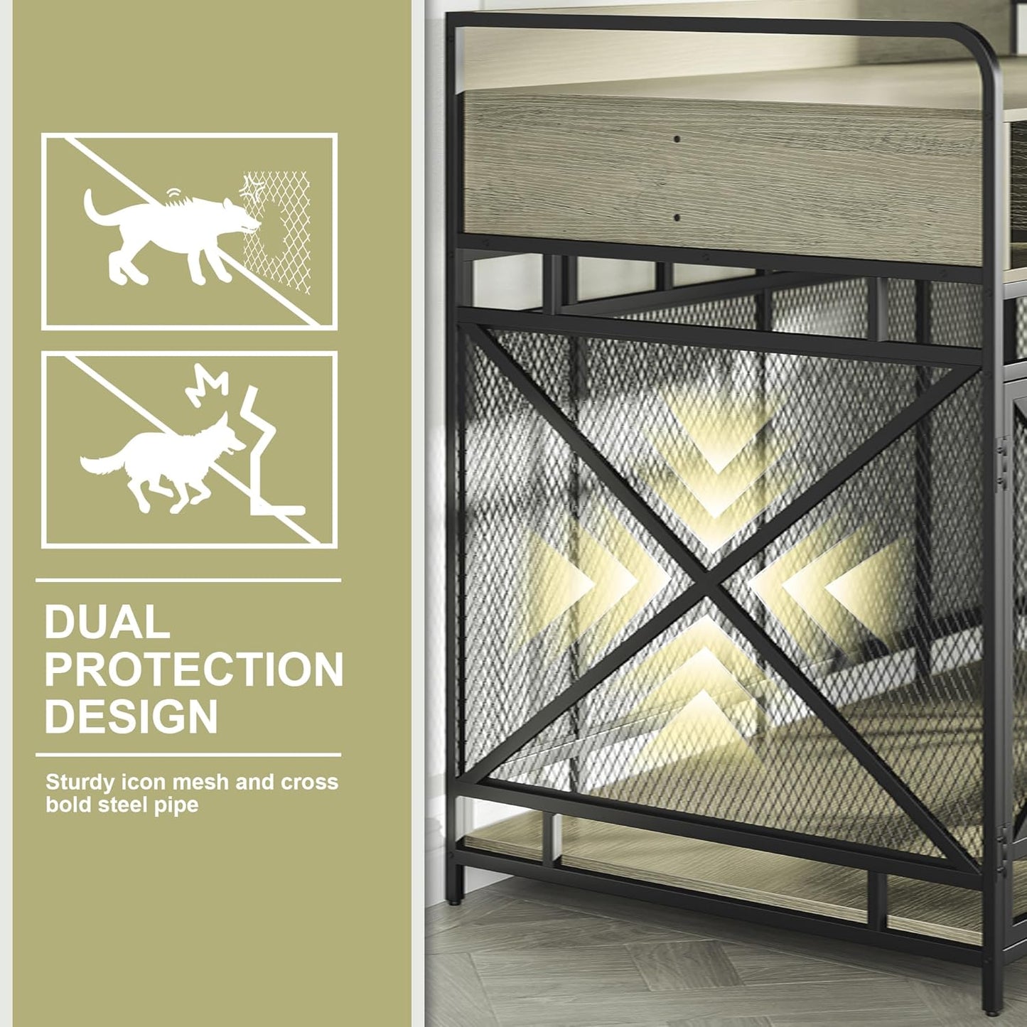 Dog Crate Furniture, 43" Heavy Duty Wooden Dog Crate End Table, XL Dog Kennel Furniture Large Breed, Decorative Dog Kennel Indoor with 3 Drawers & Steel Tubes 43" L x28 W x36 H (Grey)