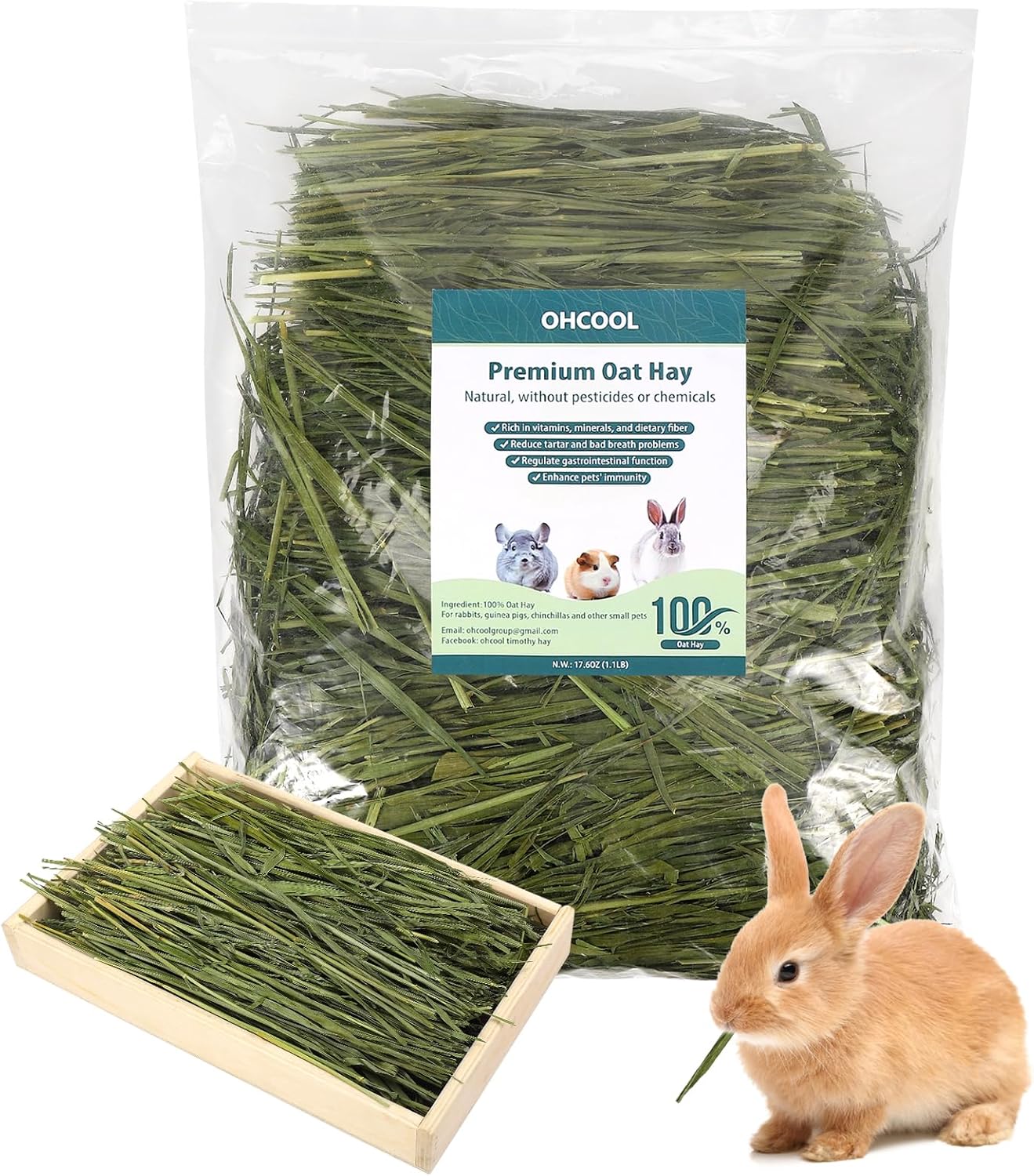 Premium Oat Hay for Pets - Dust Free Natural Green Fresh Pet Food Hay for Rabbits, Guinea Pigs, Chinchillas, Hamsters & Gerbils - 1.1lbs
