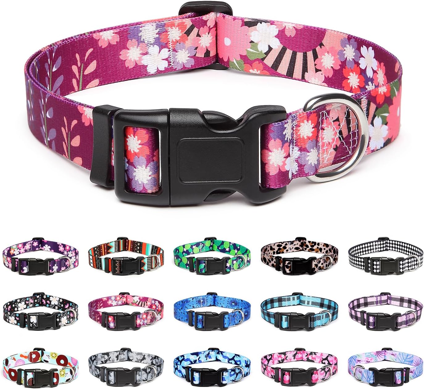 Mercano Adjustable Dog Collar - Special Design Patterns, Soft Nylon Comfortable Durable Pet Collar for Small Medium Large Dogs (S, Colorful Flower)