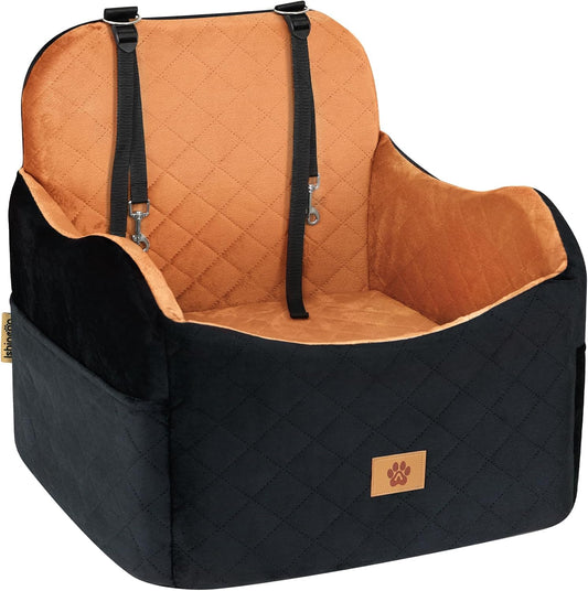 Car Seat Booster for Dog: High-Support Memory Foam Pet Car Seat for Small/Medium Dogs Under 35lbs with Elevated Cushion,Pockets - Detachable Washable Puppy Travel Bed for Driving(Black/Brown)