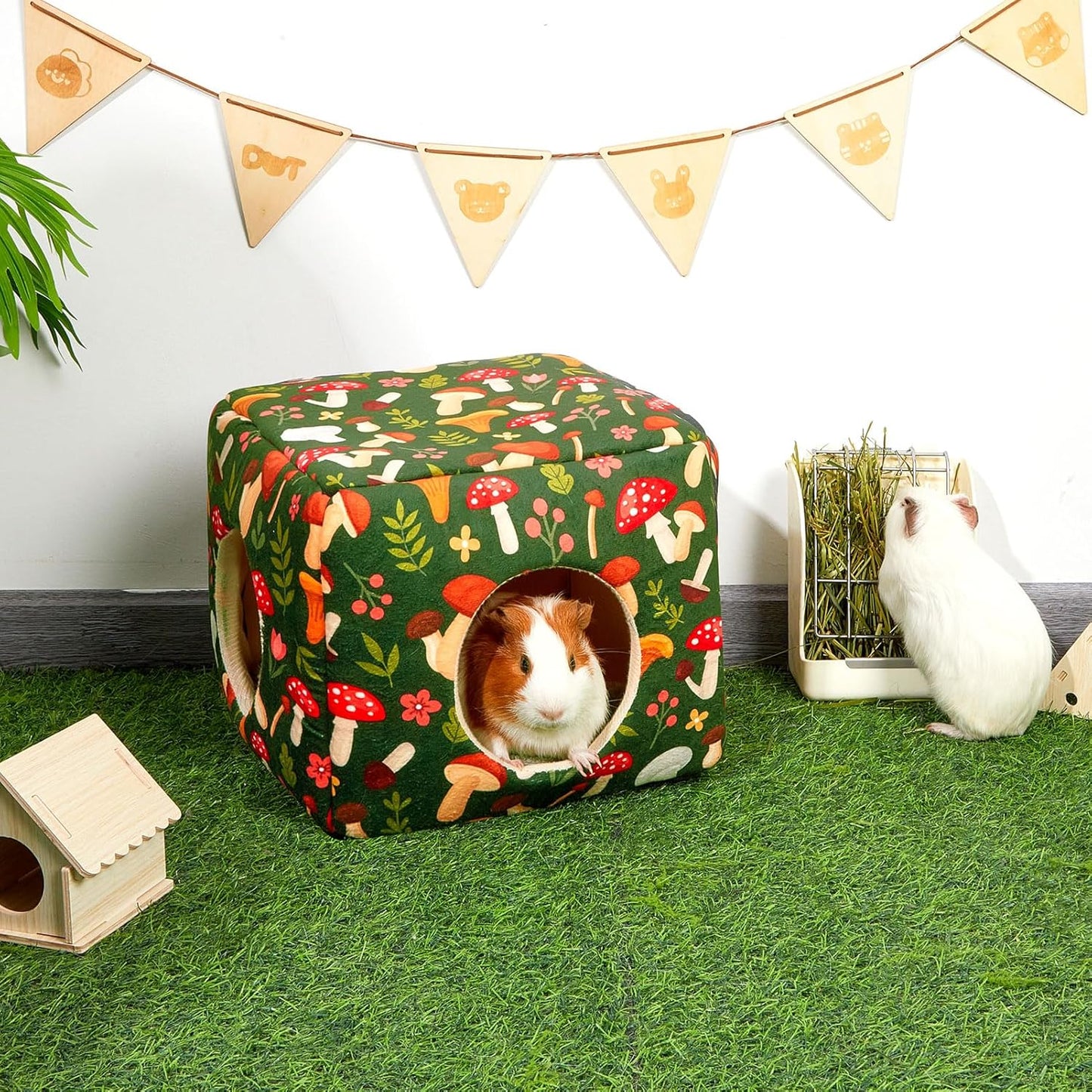 Bienbee Guinea Pig Hideout, Washable Guinea Pigs House Cozy Guinea Pigs Bed for Small Pet Bunny/Rabbit/Hamster/Chinchilla Guinea Pig Accessories Green Mushroom