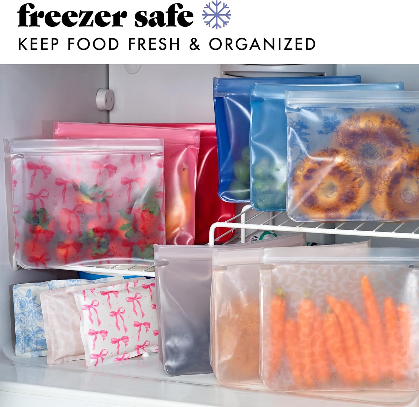 Fit & Fresh Reusable PEVA Storage Bags 3 Pack, Reusable Food Storage Bags, LeakProof, Durable, Sandwich Bags, Freezer Safe, Hand Wash, Easy to Clean, Eco-Friendly, Blue Floral Toile