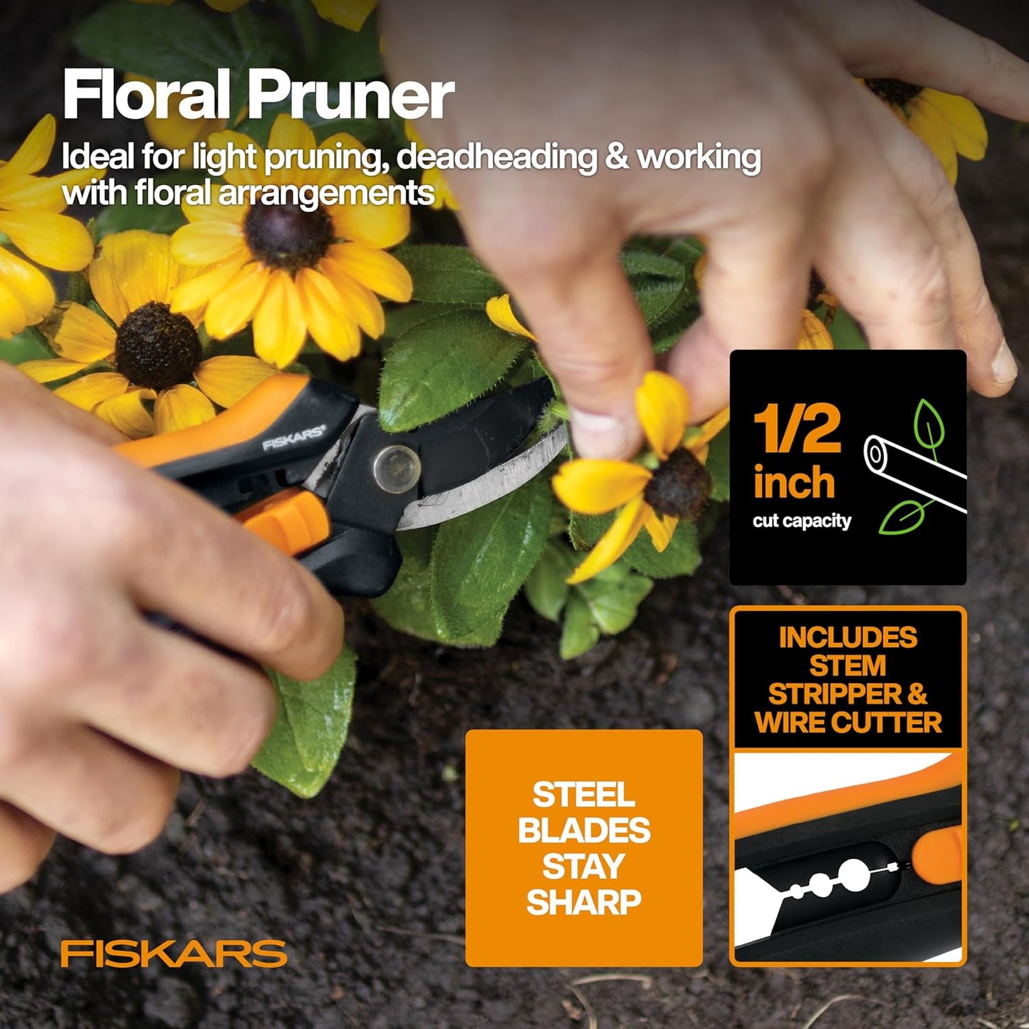 Fiskars Flower Gardening Tool Gift Set with Floral Pruner, Trowel, Cultivator, Garden Gloves, and Ultra-Light Kneeling Cushion for Outdoor Use (5 Piece Kit)