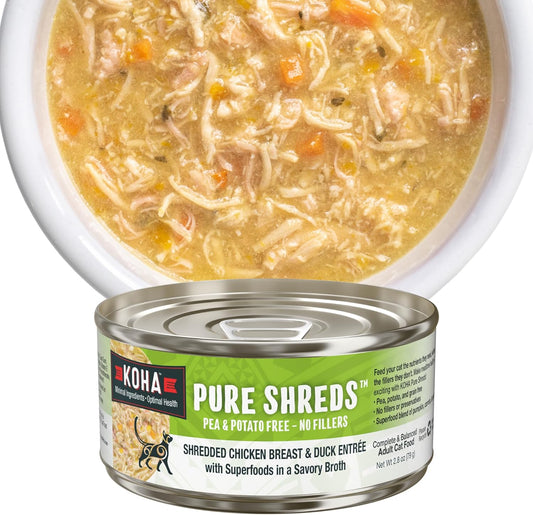 KOHA Pure Shreds Chicken and Duck Entrée for Cats, High Protein Wet Cat Food 2.8oz Cans (Pack of 24)