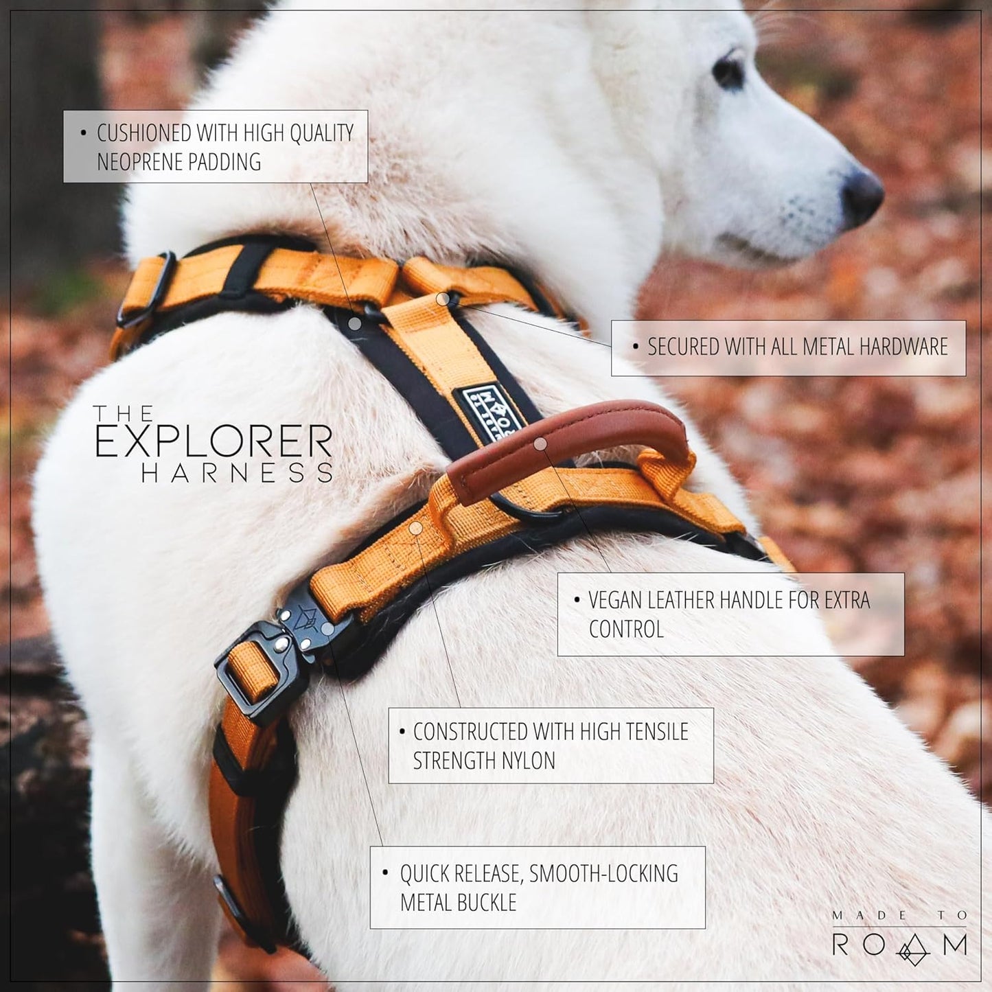 MADE TO ROAM Premium Explorer Harness - Y-Shaped Dog Harness with Adjustable Durable Nylon, Soft Padding, Metal Buckles and Leather Handle for Small, Medium, Large Dogs (New York Afterlight, Size 5)