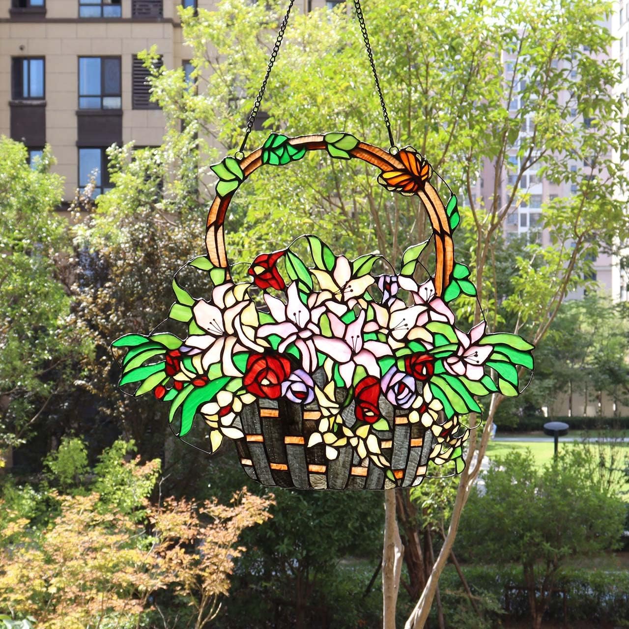 Bieye W10037 Lily and Rose Flower Gaily Decorated Basket Tiffany Style Stained Glass Window Panel with Chain, 24" W x 20" H