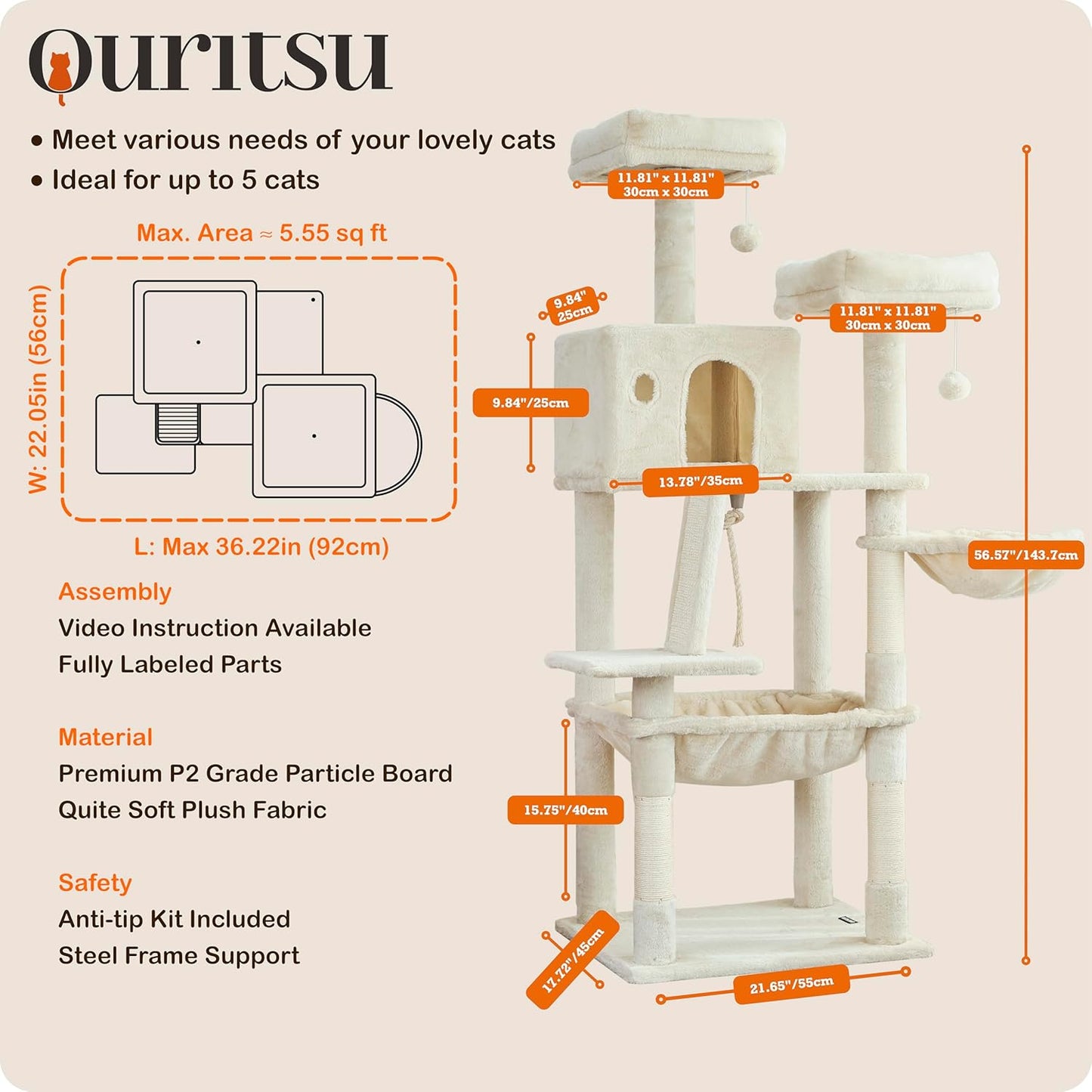 Ouritsu Cat Tree, 56 inch Tall Cat Tower for Large Cat Indoor, Large Condo, 2 Padded Perches, Steel-Framed Hammock, Scratching Post and ramp, Fluffy Basket, Beige, LF001WH