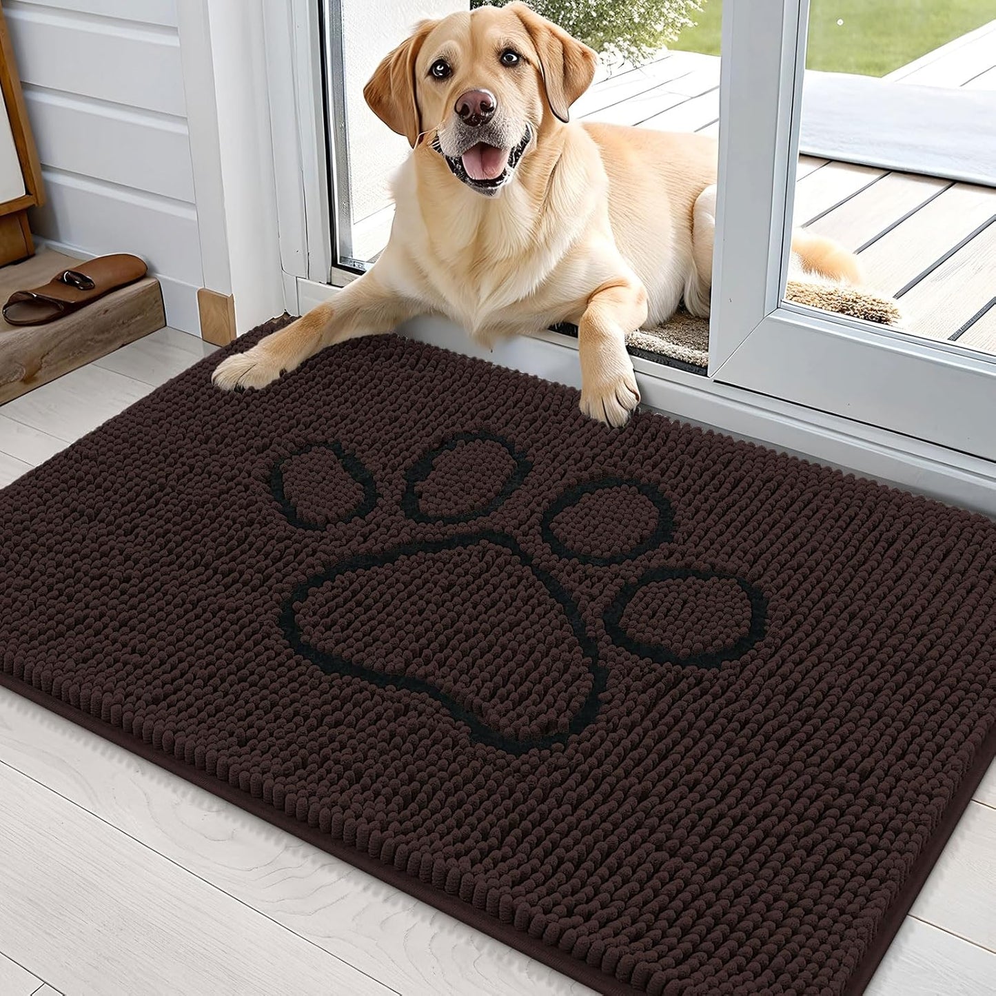 OLANLY Door Mat for Muddy Dog Paws 36x24, Absorbent Chenille Mud Doormat with Paw Print Design, Non-Slip Washable Doormat for Indoor Entryway, Quick-Dry Pet Bed Mats for Dirty Dogs, Brown and Black