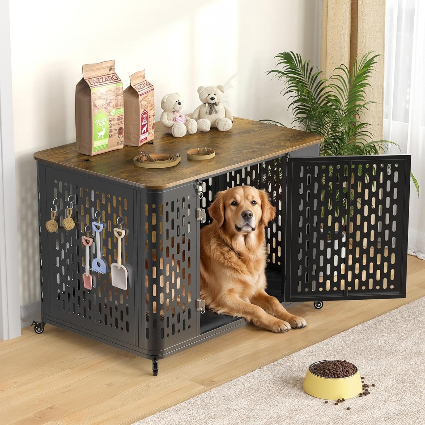 ONBRILL Heavy Duty Dog Crate Furniture for Large and Medium Dogs, 43.7 Inch Large Dog Crate Kennel with Flip Top & Cushion & Wheels, Escape Proof Pet Cage,Wooden Cage Kennel Furniture Indoor