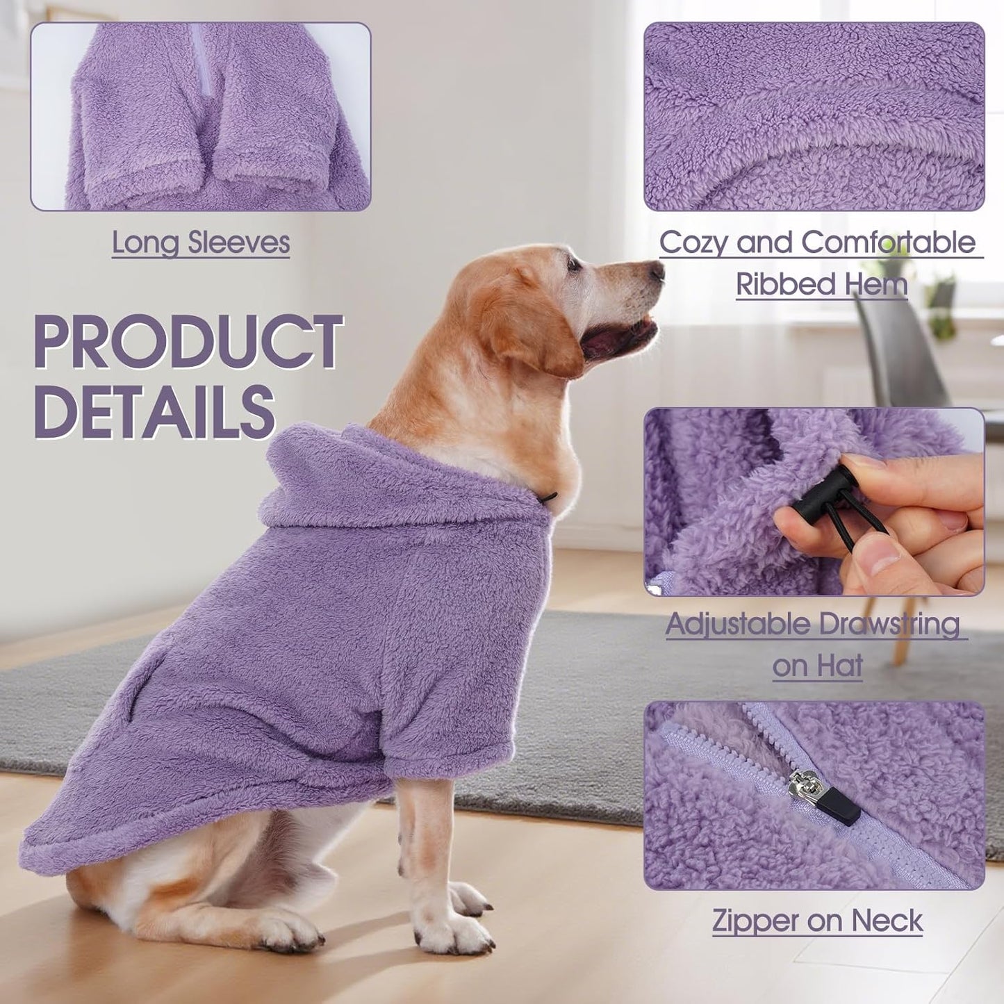 IDOMIK Fuzzy Dog Sweater with Adjustable Hood, Warm Fleece Dog Sweater Hoodie with Harness Hole & Pocket, Pullover Sweaters for Small Dogs, Fuzzy Hooded Sweatshirt for Fall Winter Christmas,Purple,S