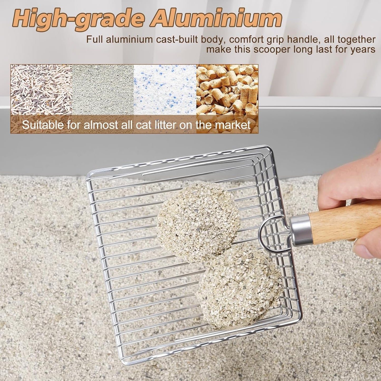 Metal Cat Litter Scoop with Holder, Poop Scooper with Stand and 2 Rolls of Garbage Bags, Heavy Duty Stainless Steel Shovel with Wooden, Quick Sifter for Easy Cleaning (Long handle-9.8" with Holder)