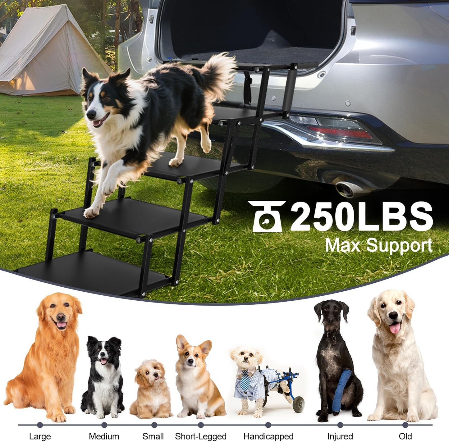 Extra Wide 5 Steps Dog Stairs for Large Dogs, Foldable Dog Ramp for Car with Non-Slip Surface, Lightweight Dog Stairs for Cars, Dog Steps for Cars, SUV, High Beds, Truck, Supports up to 250 lbs