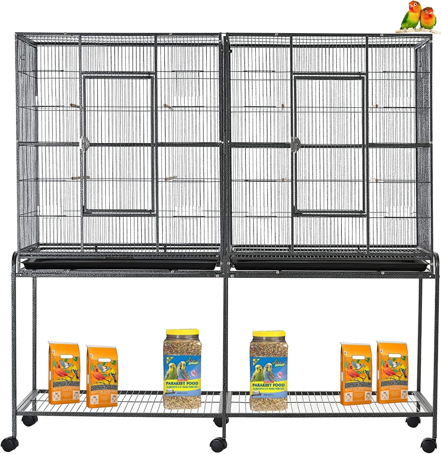 64" Extra Large Double Flight Bird Wrought Iron Double Cage Slide Out Center Divider Side Nesting Box Door Parrot Cage Cockatiel Conure with Removable Rolling Stand Storage Shelf