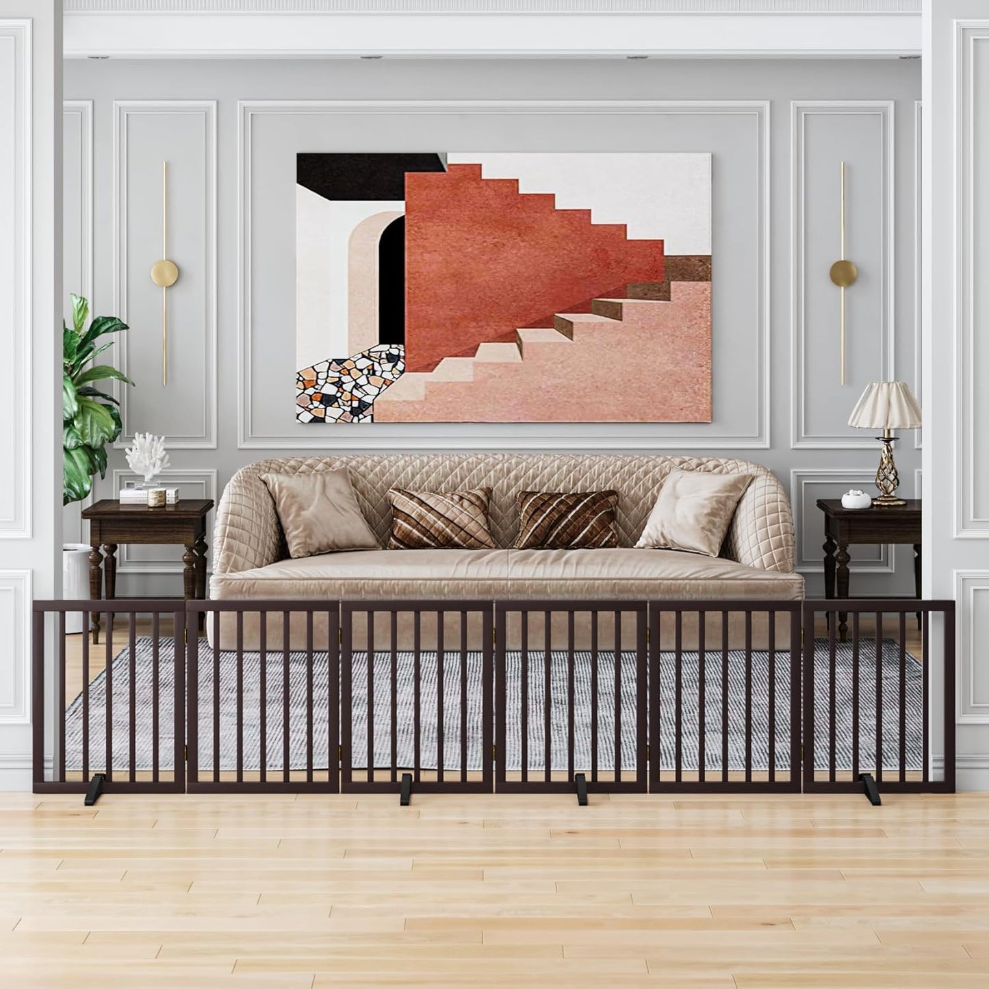 Dog Gates for The House Doorways Extra Wide 110 Inches Wood Freestanding Pet Gates for Dogs Indoor Fence with Support Stands