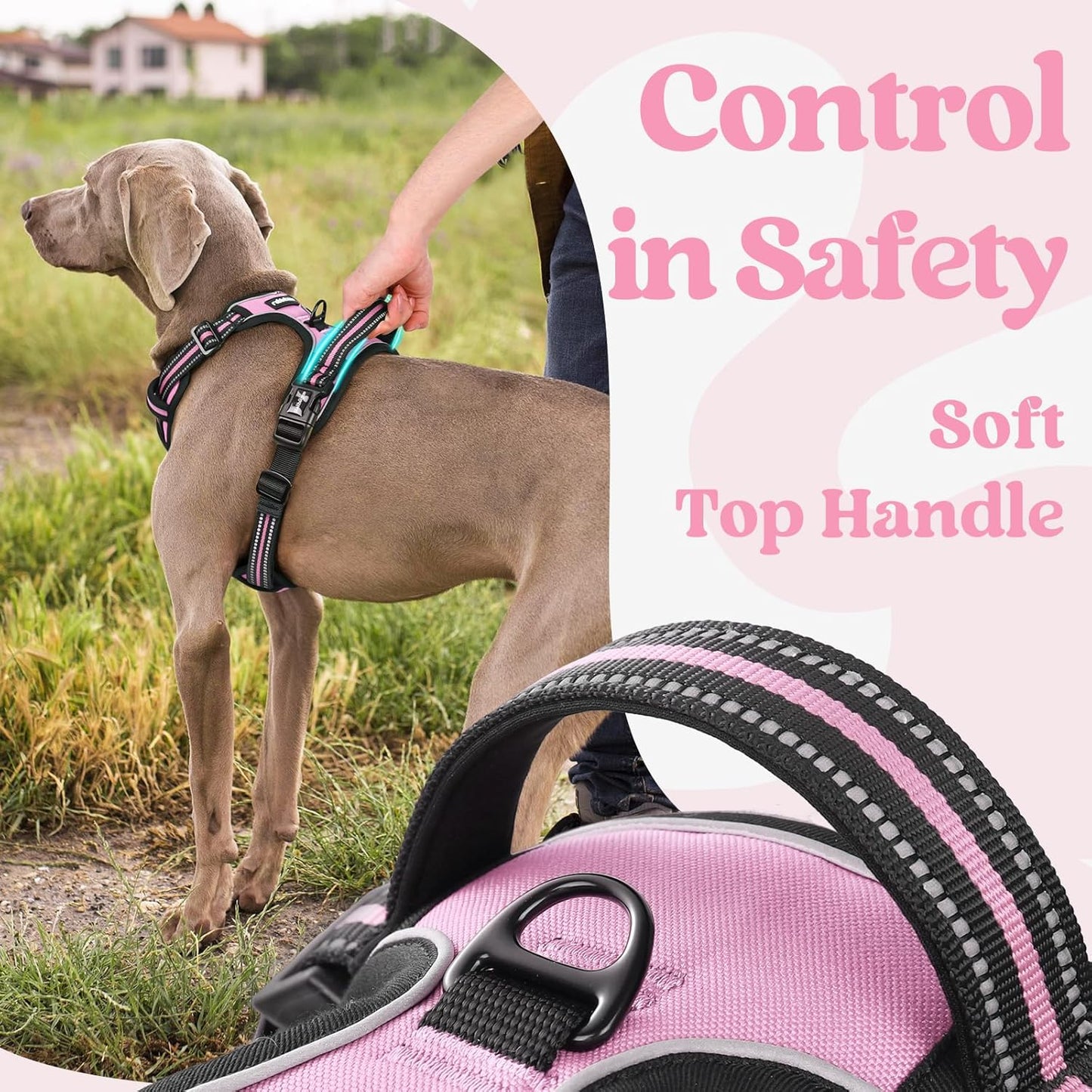 rabbitgoo Dog Harness for Large, No Pull Pet Harness with 3 Buckles, Adjustable Soft Padded Vest with Control Handle, Walking Reflective Pet Vest for Extra Large Dogs, Pink, XL