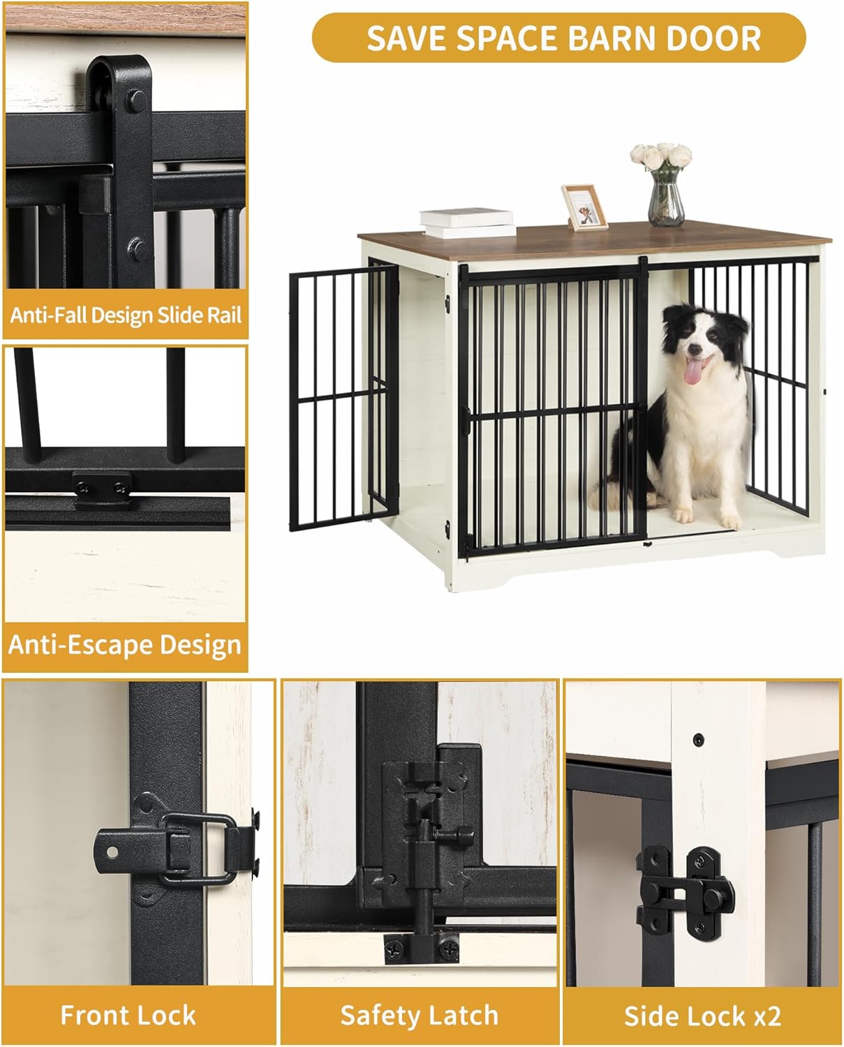 XXL Large Dog Crate Furniture, 46.9" Indoor Dog Kennel Furniture with Barn Door, Wooden Tall Dog Crate, Heavy Duty Dog Cage for Large Dogs, Side End Table, Anti-Chew, White Brown DFC83814B