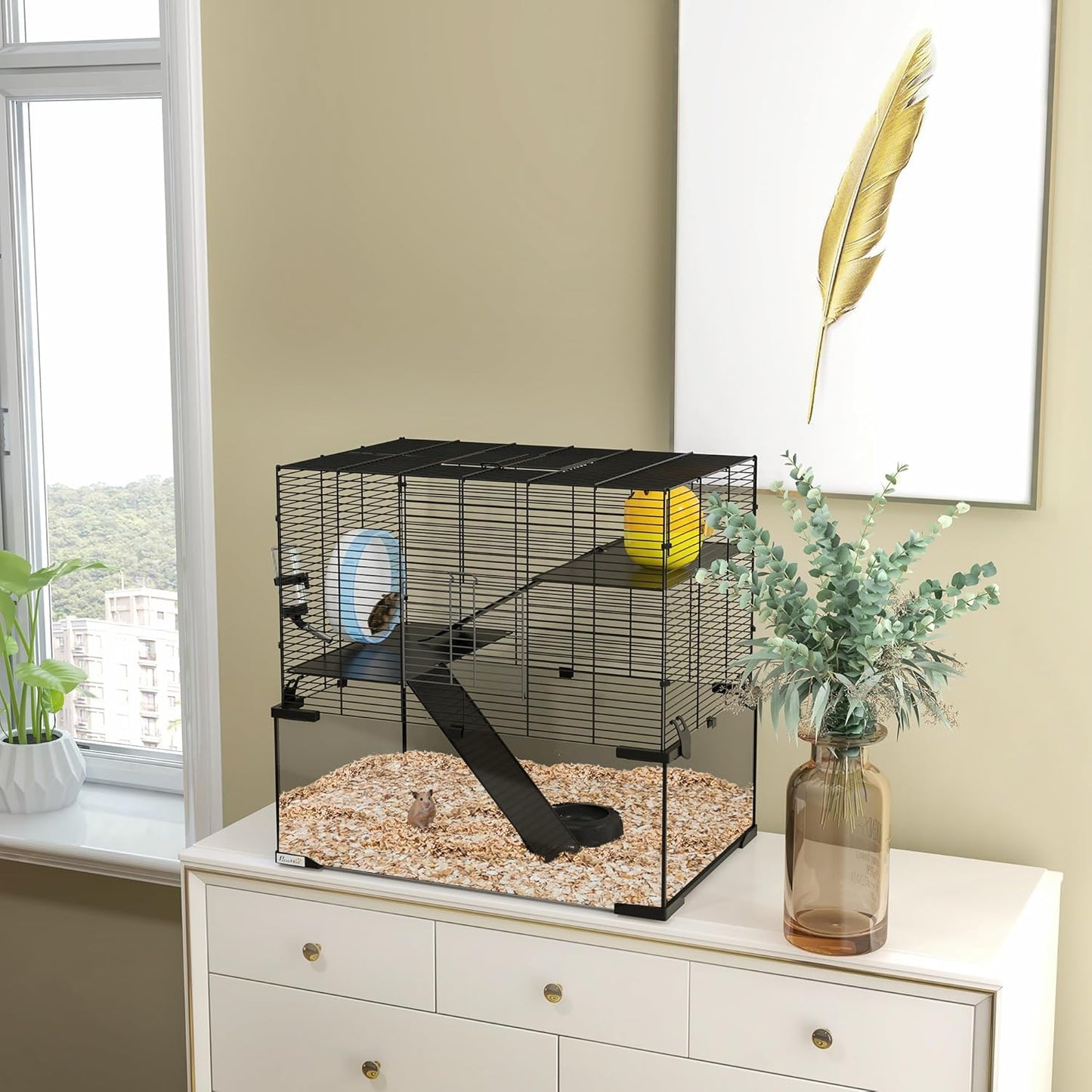 PawHut Large Hamster Cage with Deep Tempered Glass Bottom, 3 Tiers Hamster Tank with Running Wheel, Hut, Water Bottle, Dish, Rat Cage for Syrian, Dwarf, Gerbils, Mouse, 23.5" x 16" x 22.5", Black