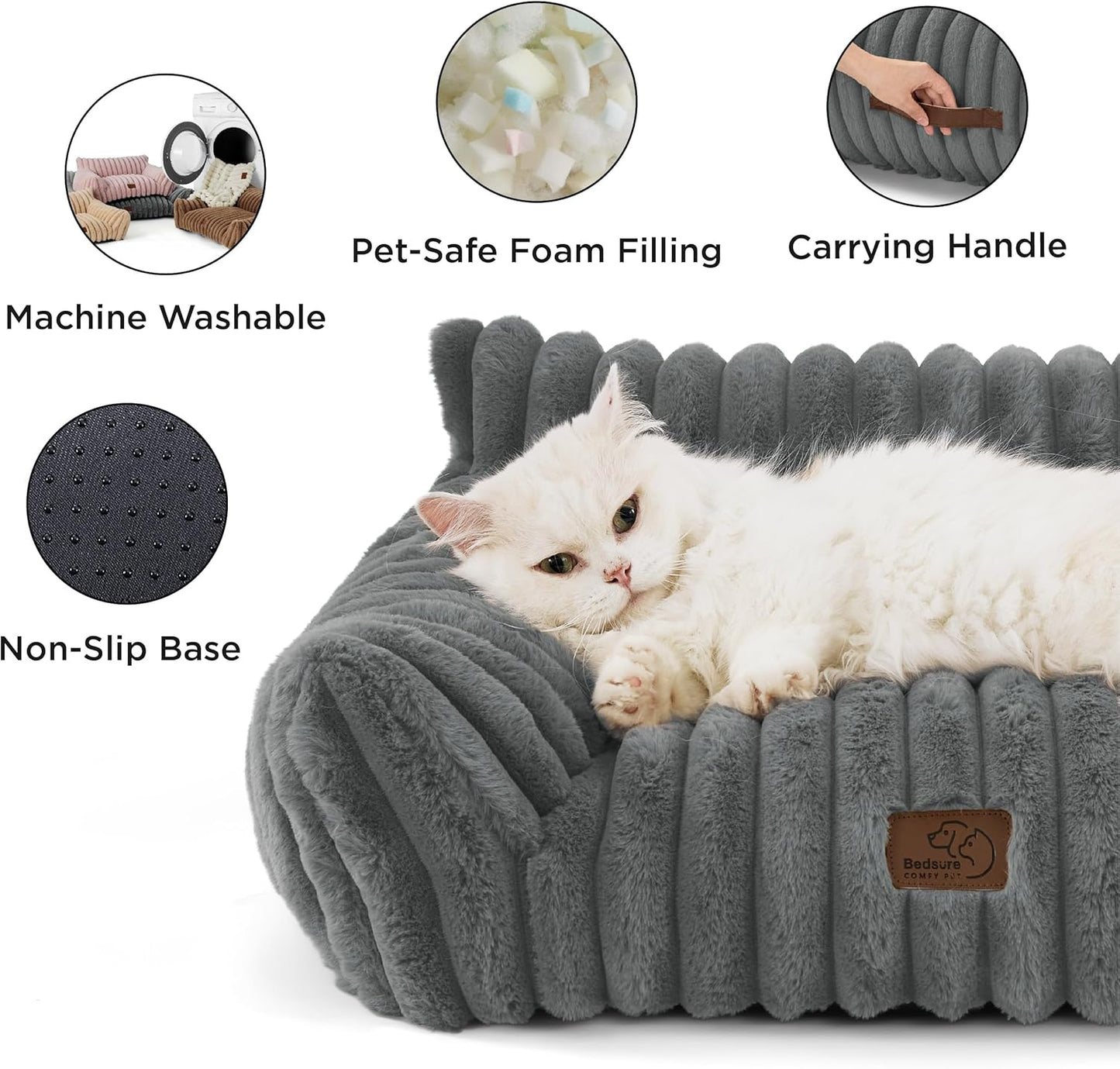 Bedsure Cute Cat Couch for Pets - Fluffy Cat Sofa with Premium Soft Corduroy Fleece, Fuzzy Pet Couch Bed with Removable Washable Cover, Supportive Pet Chair for Indoor Cats, 24inch, Warm Grey
