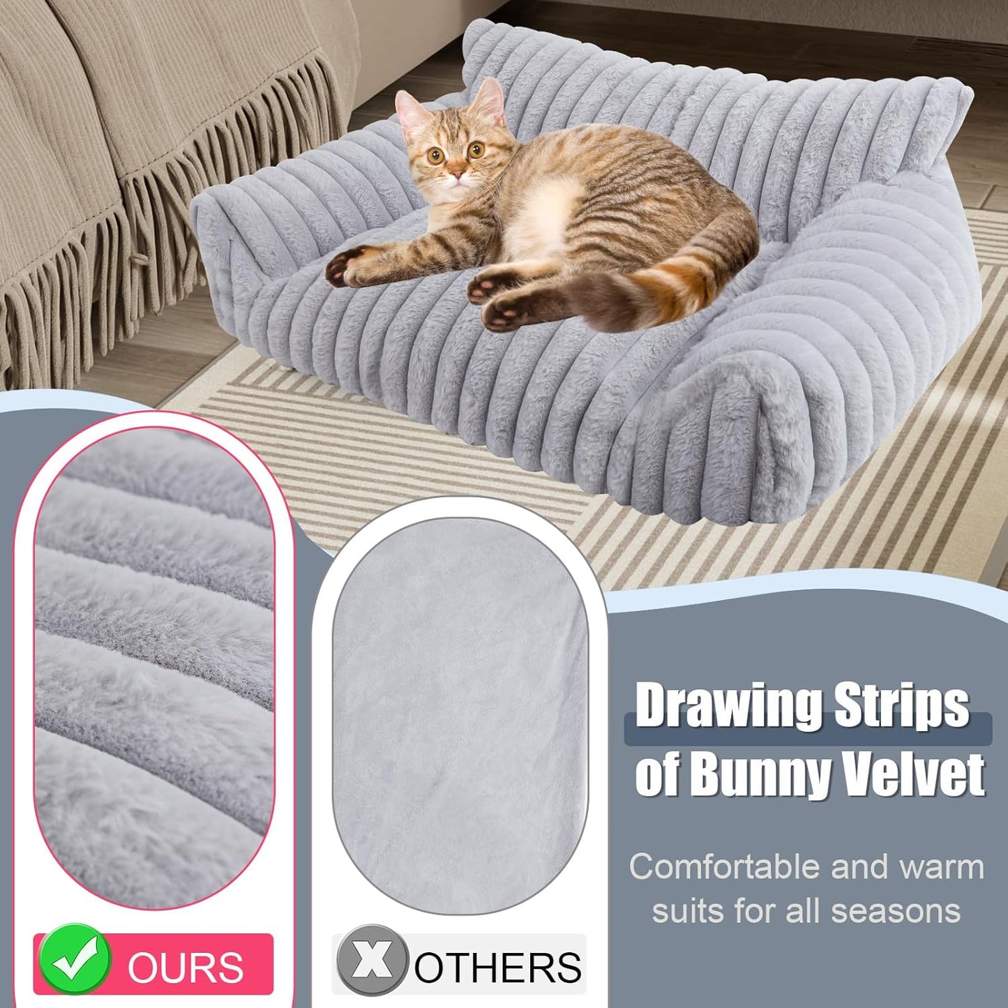 Cute Cat Couch Bed for Indoor Cats, Fluffy Pet Cat Sofa with Premium Soft Corduroy Fleece, Cute Small Dog Beds for Small Dogs, Fuzzy Puppy Chair with Removable Washable Cover (30x20x10,Grey)