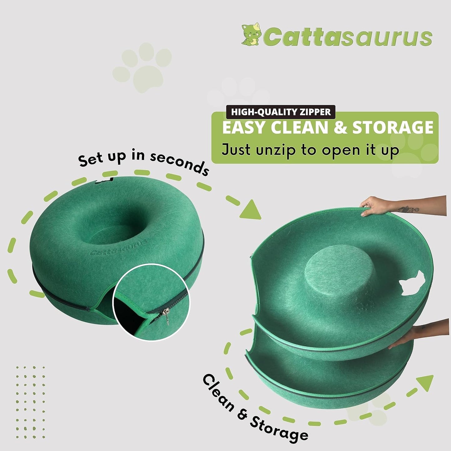 CATTASAURUS Peekaboo Cat Cave for Multiple & Large Cats Up to 30-45 Lbs, Scratch Detachable & Washable Tunnel Bed, Comfy Donut Cat Cave (Forest Green, Large)