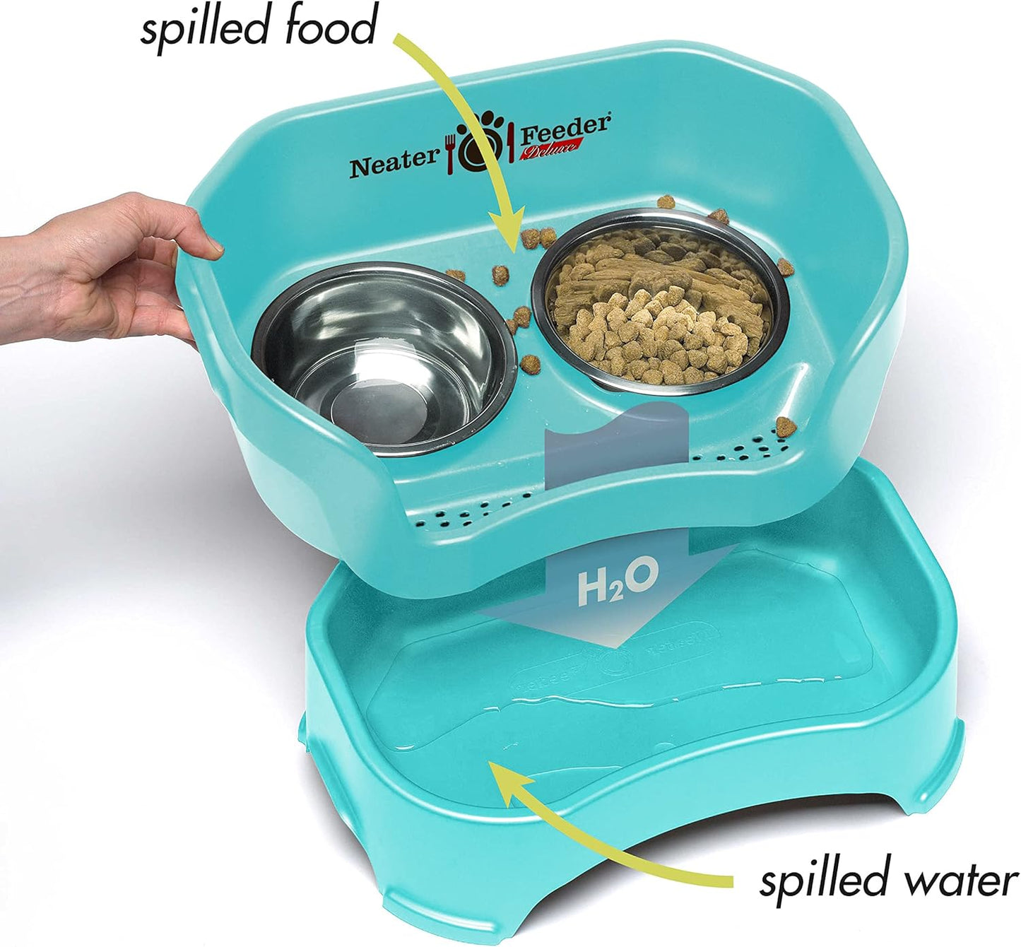 Neater Feeder Deluxe Mess Proof Dog Bowls Elevated for Large Dogs – Made in USA – No Spill Raised Dog Food Bowl Stand w/Leg Extensions – Stainless Steel Dog Food and Water Bowl Set – Teal