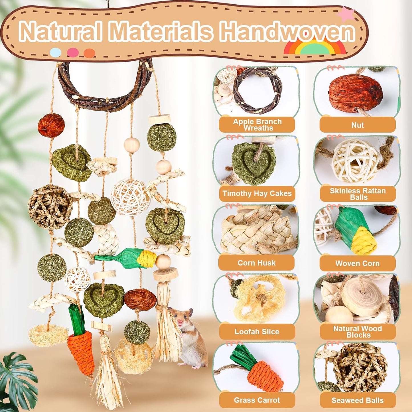 VESPRO Bunny Chew Toys, Rabbit Cage Hanging Chewing Toy and Treats Snack Ring, for Rabbits Chinchilla Guinea Pig Hamsters Grinding Teeth with Other Small Pets, Natural Materials Handwoven (5 Strings)