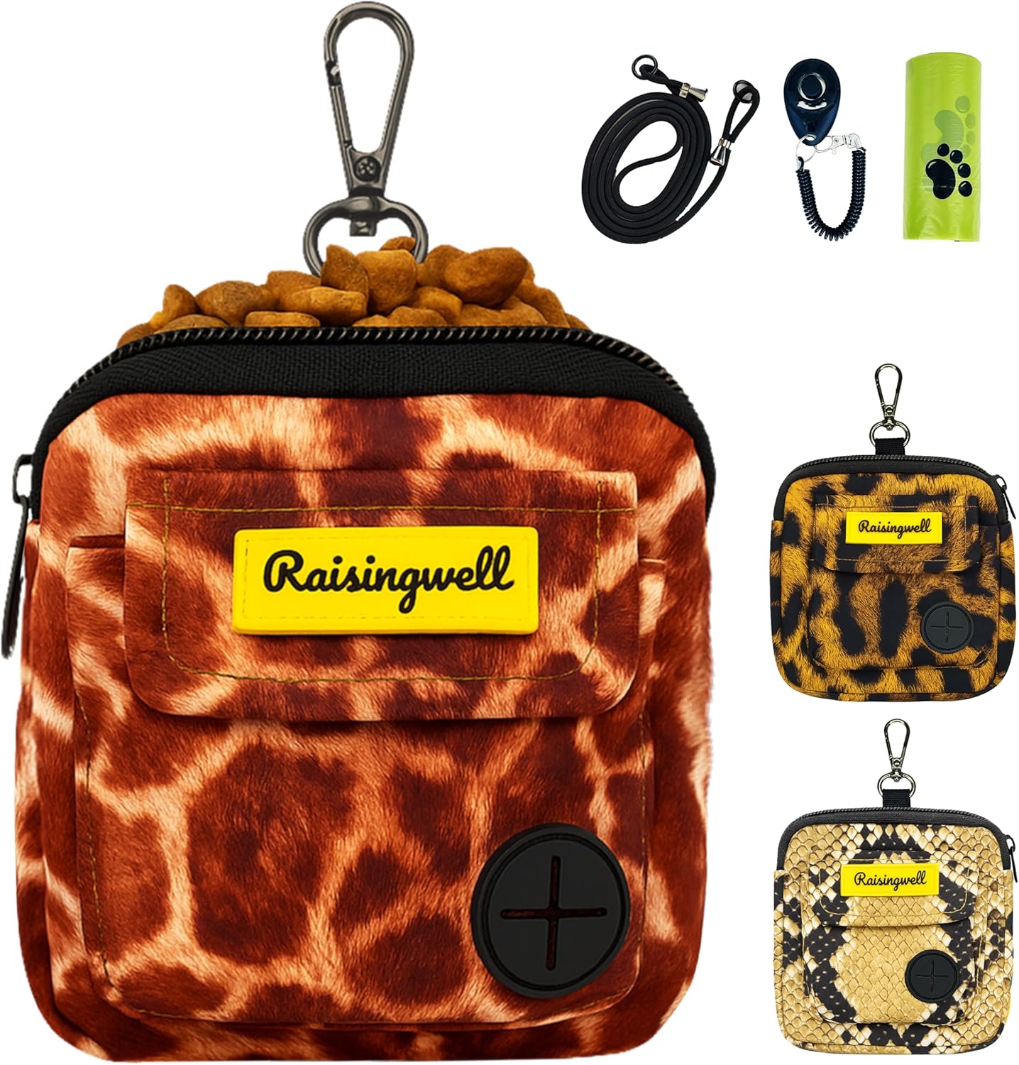 Dog Treat Pouch for Pet Walking and Training with Clicker Poop Bags and Double Bag Design Small Fanny Zipper Pack Holder for Puppy Snack Dispenser Kit for Leash and Outdoor Use Deer Hide Skin