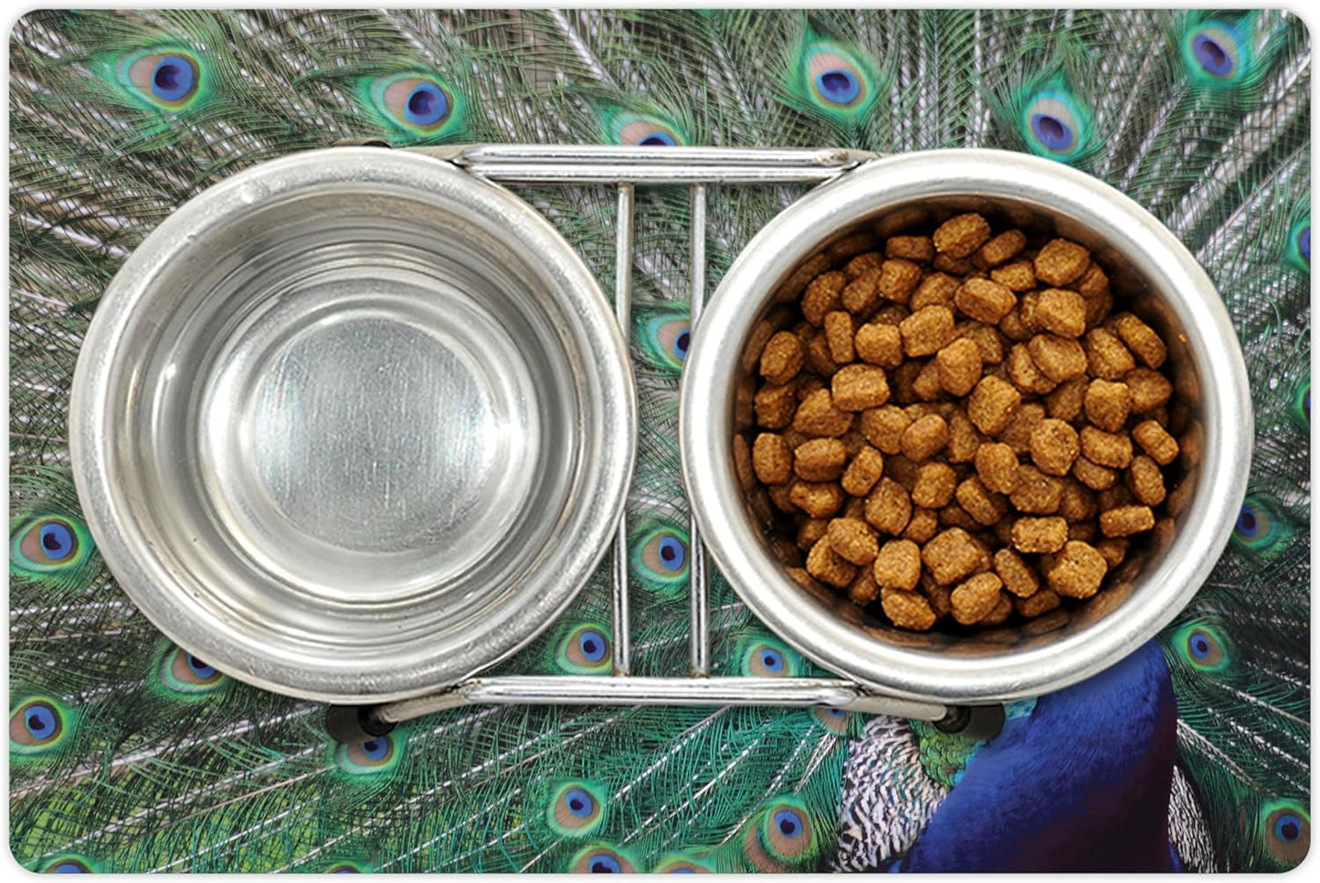 Lunarable Peacock Pet Mat for Food and Water, Peacock Displaying Elongated Majestic Feathers Open Wings Picture, Non-Slip Rubber Mat for Dogs and Cats, 18" X 12", Brown Navy