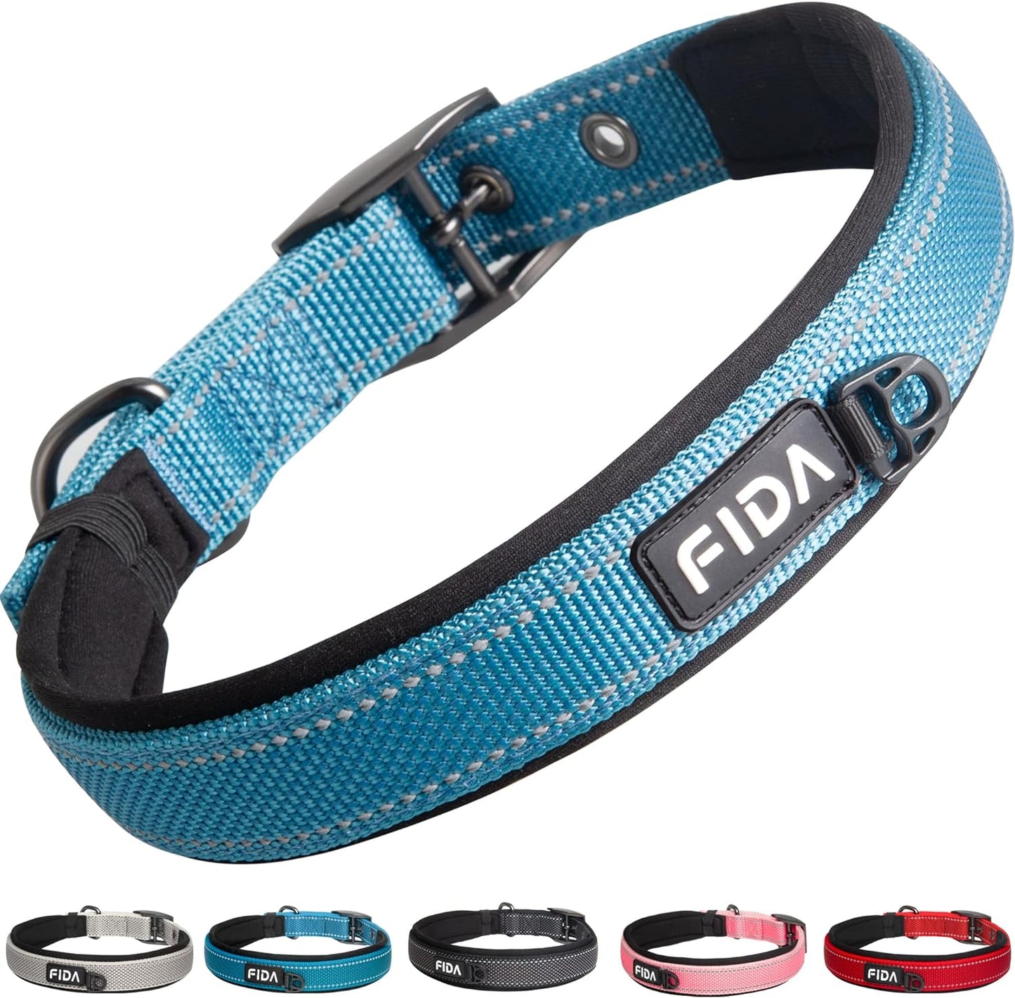 Fida Heavy Duty Dog Collar, Ultra Comfortable Soft Neoprene Padded, Adjustable Reflective Nylon Pet Collar with Durable Metal Belt Buckle for Small Breeds (S, Blue)