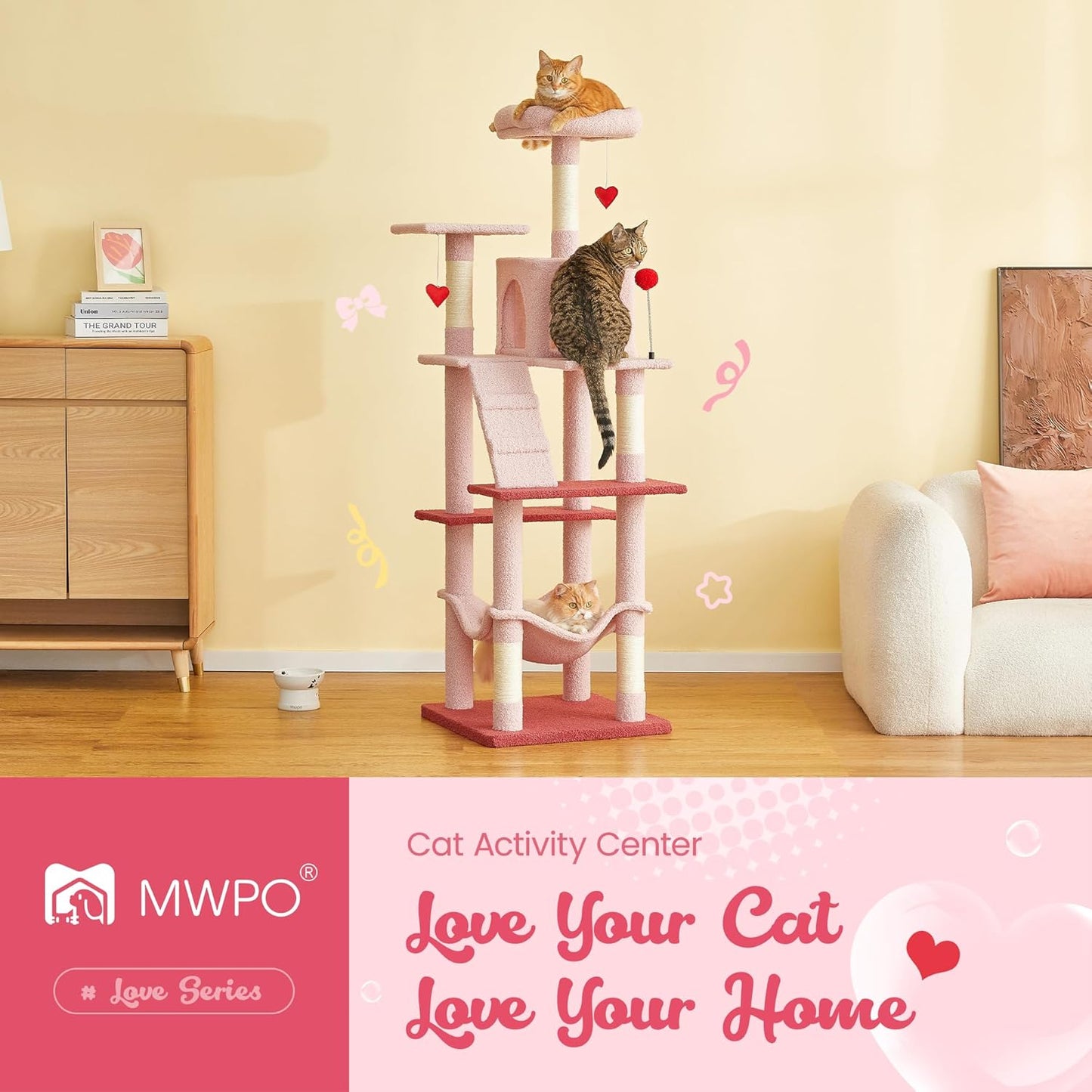 MWPO Cute Cat Tree, 63.8-Inch Pink Cat Tower for Indoor Cats, Multi-Level Cat Condo with 5 Scratching Posts, 2 Perches, Hammock, Dangling Toys