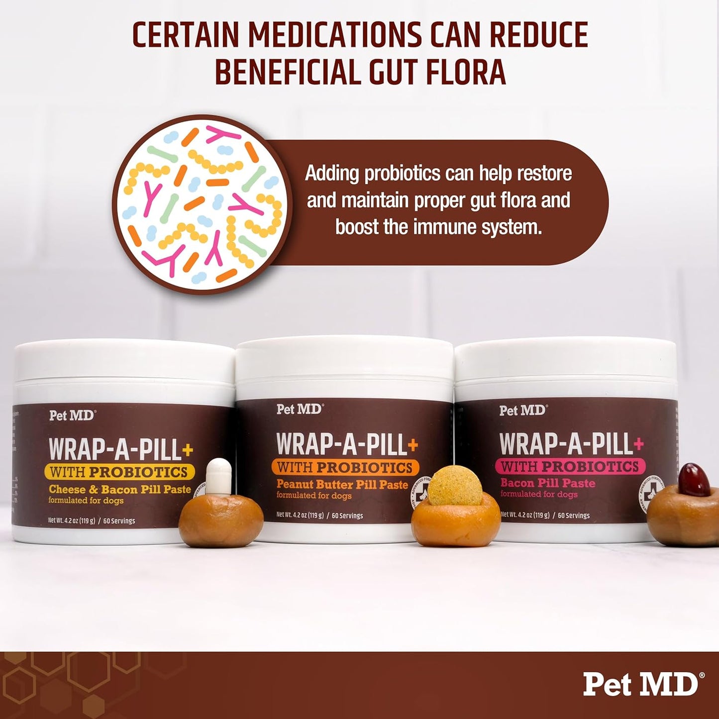 Pet MD Wrap-A-Pill with Dog Probiotics - Pill Wrap for Dogs Medicine - Easy-to-Use Paste to Hide Capsules, Create Pockets and Treats for Dogs - Bacon (4.2oz)