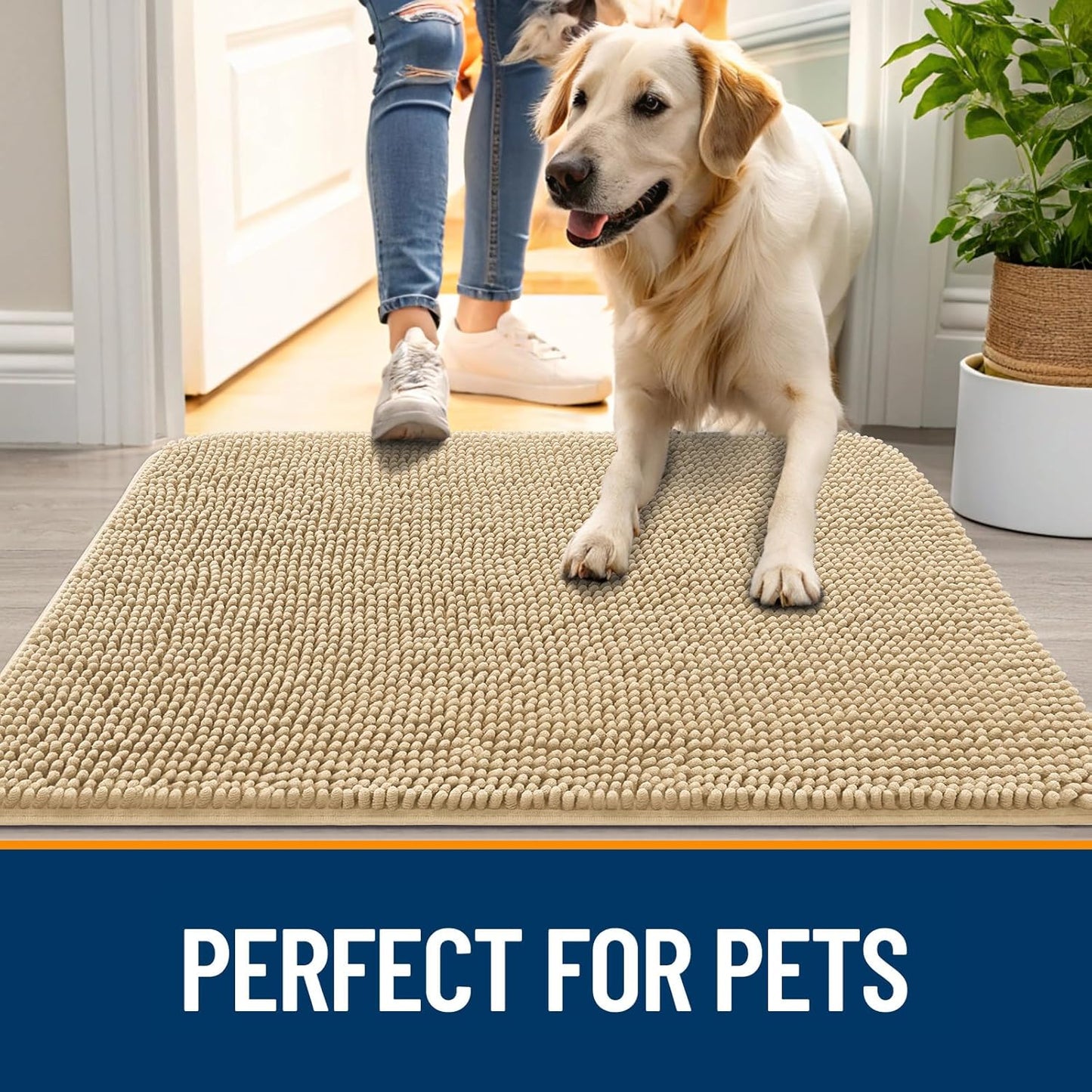 OLANLY Dog Door Mat for Muddy Paws 54x32, Absorbs Moisture and Dirt, Absorbent Non-Slip Washable Doormat, Quick Dry Chenille Mud Mat for Dogs, Entry Indoor Entryway Carpet for Inside Floor, Beige