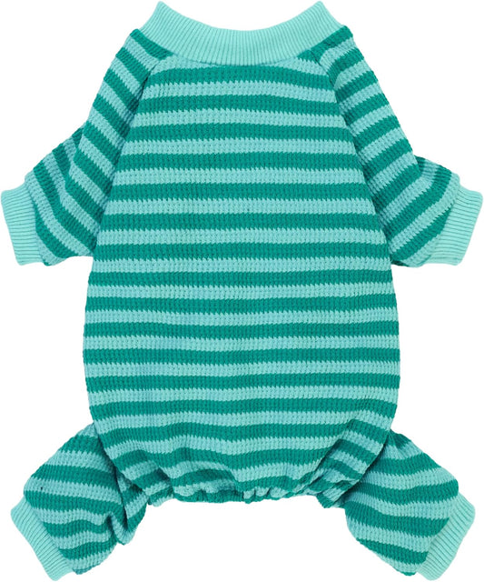 Fitwarm Green and Teal Striped Dog Pajamas, Waffle Dog Clothes for Small Dogs Girl Boy, Puppy Onesie with Feet, Pet Cat Outfit, Small