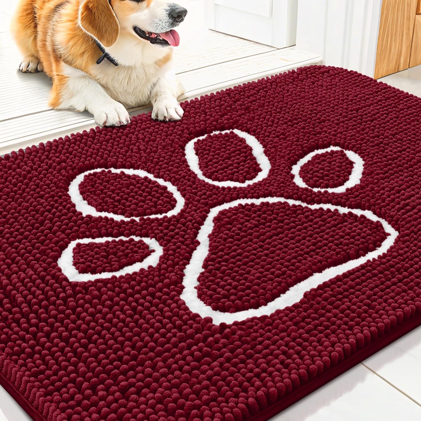 Smiry Dog Door Mat for Muddy Paws, Absorbent Dirt Trapper Non Slip Quick Dry Washable Chenille Mat for Mud Dogs, Entry Rug for Indoor and Outdoor (30x20 Inches, Burgundy)