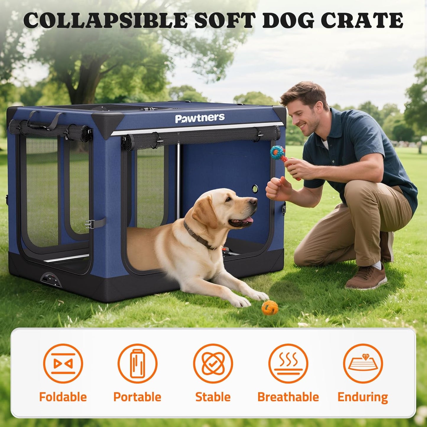Collapsible Dog Crate: 42 Inch Foldable Soft Sided Dog Crate for Extra Large Dogs, Portable Dog Travel Kennel with Soft Mat for Indoors & Outdoors, Blue (42" L x 31" W x 31" H)