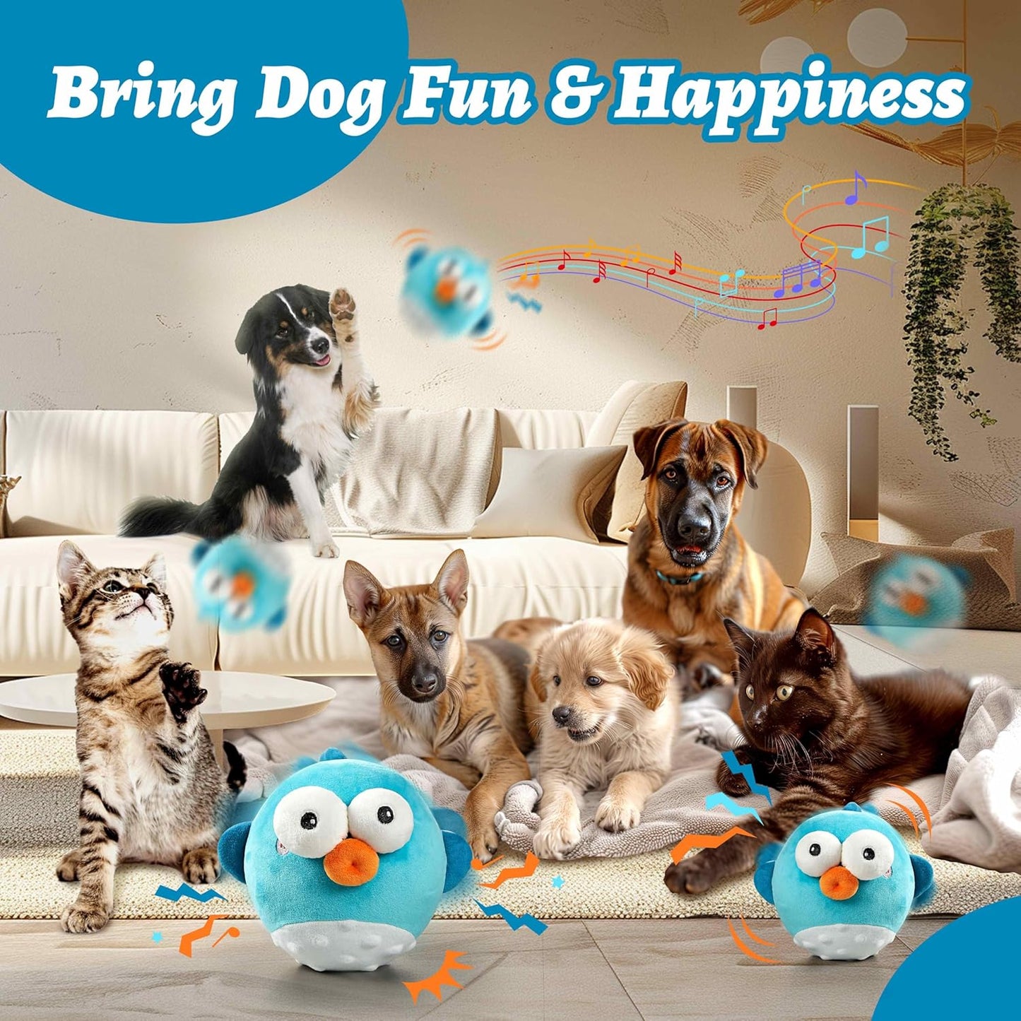 Dog Toys,Rechargeable Crinkle Chew Interactive Squeaky Toy with Jumping Music Moving Ball for Small Medium Large Breed Puppy Toys to Keep Pets Busy (Puffer)