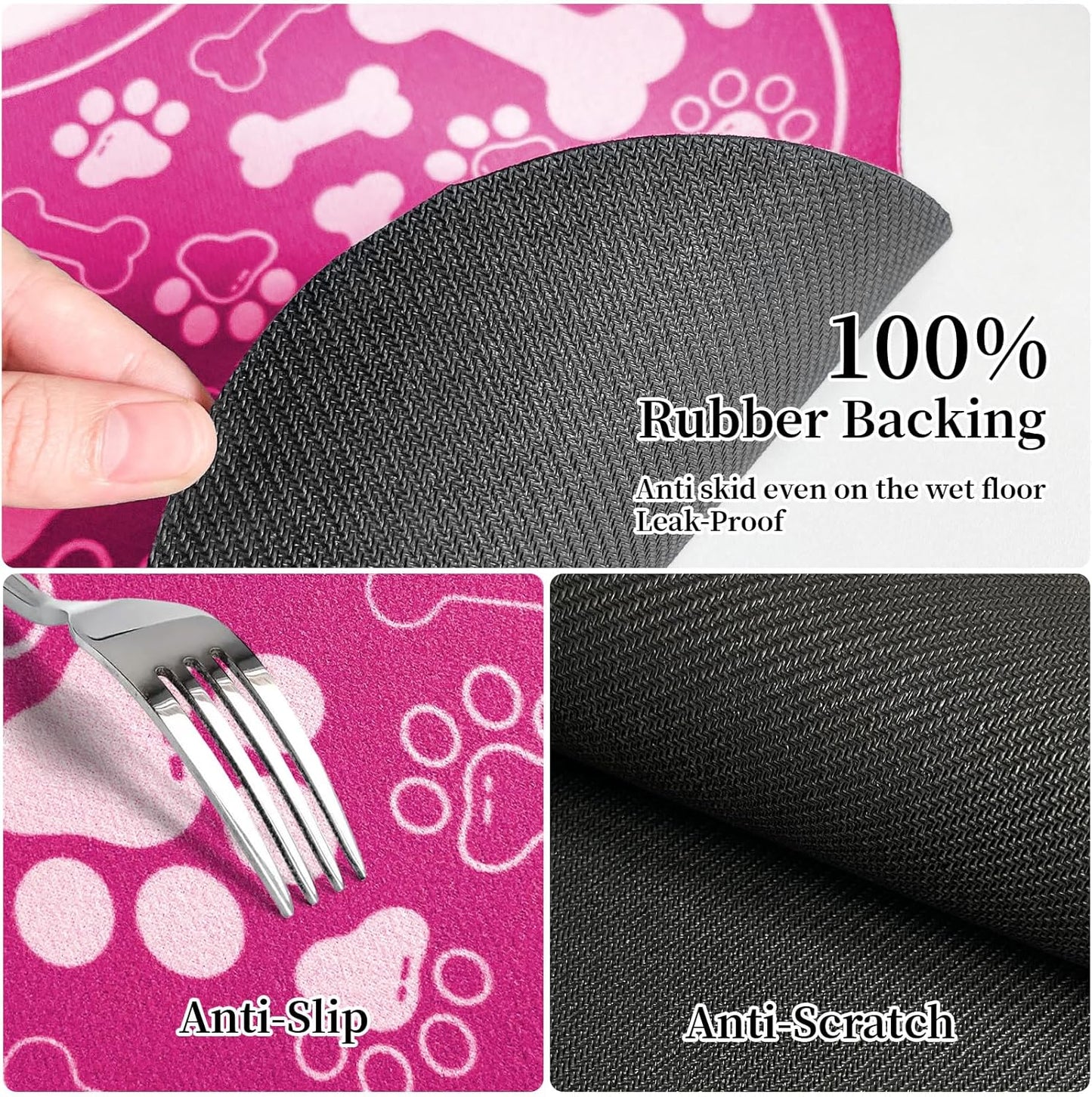 Dog & Cat Food Mat Bone Shaped Pet Feeding Mat Quick Absorb Water Bowl Placemat with Rubber Backing Indoor Floor Stain Resistant Pet Accessory Supplies (Pink, 16x24 Inches)