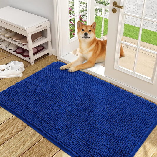 OLANLY Dog Door Mat for Muddy Paws 48x30, Absorbs Moisture and Dirt, Absorbent Non-Slip Washable Doormat, Quick Dry Chenille Mud Mat for Dogs, Entry Indoor Entryway Carpet for Inside Floor, Royal Blue