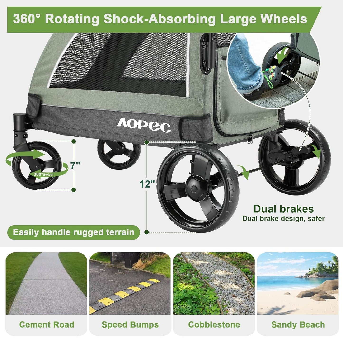 Large Dog Stroller - Dual Entry Safety Folding Pet Stroller with Adjustable Handle, All-Terrain 4-Wheel, 160 lbs Weight Capacity for Travel & Outdoor Adventures - Green