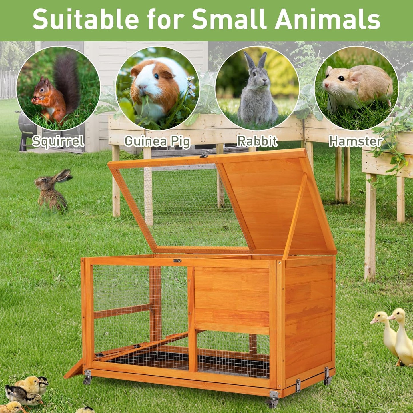 COZIWOW Fashionable Wood 36Inches Rabbit Hutch Indoor with Wheels Bunny Cage Outdoor Fashion Rabbit Cage with Clean Tray, Openable Roof, Anti-Slip Ramp for Small Bunny Rabbit (Orange)