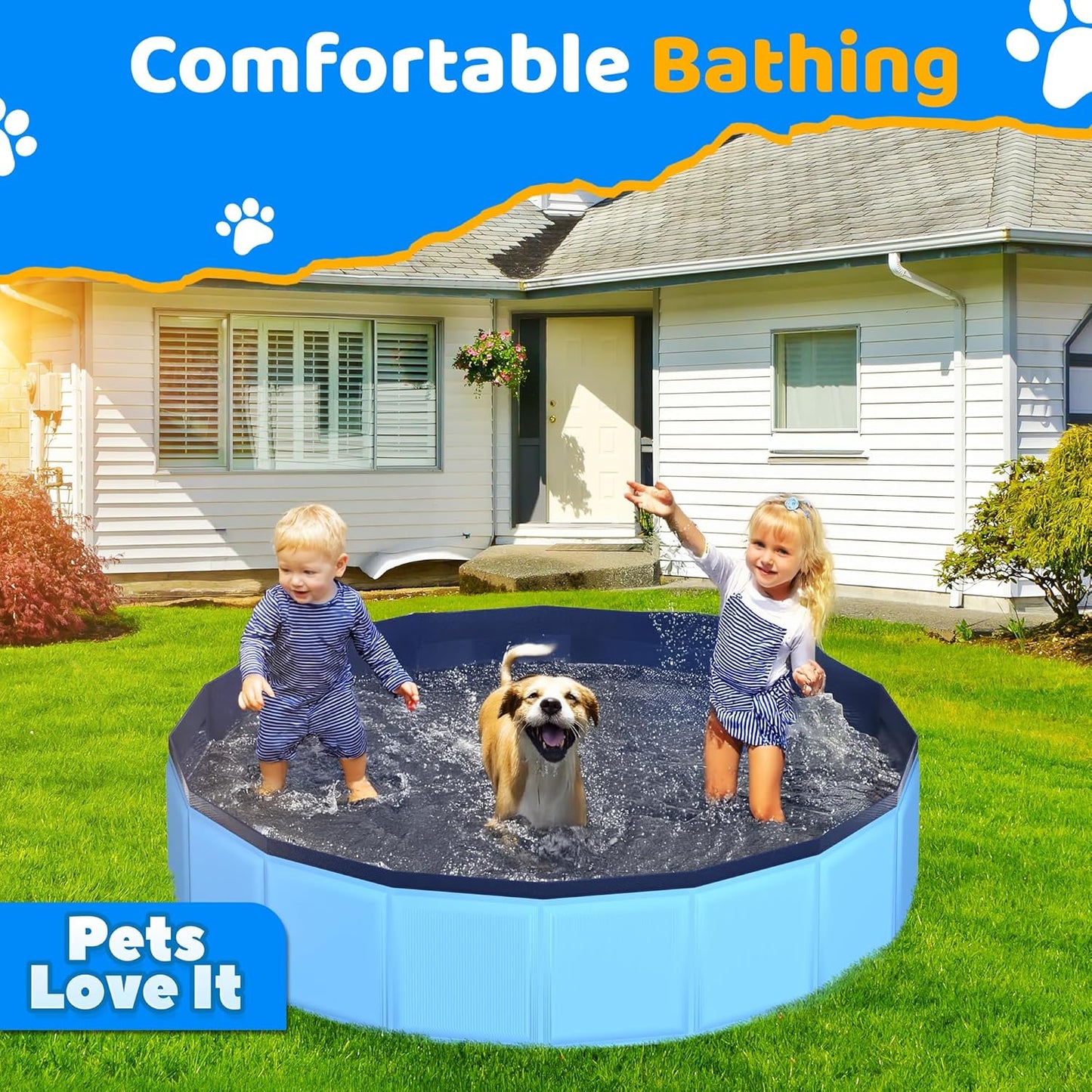 55.1" x 12" Foldable Dog Pool - Collapsible Hard Plastic Kiddie Pool for Dogs & Kids, Non-Slip Pet Bath Tub for Outdoor Backyard Use, Lightweight & Portable (Blue)