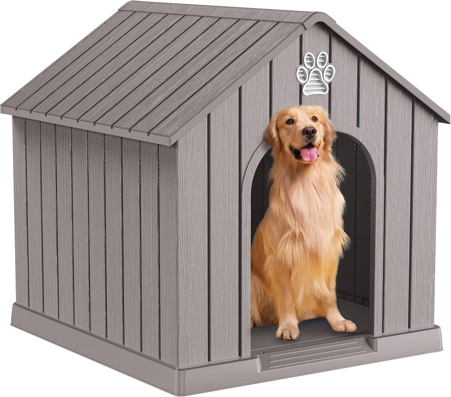 DRATO Indoor Outdoor Waterproof Dog House,PP Material,Puppy Shelter with Air Vents and Elevated Floor,Sturdy Dog Kennel for Small to Large Sized Dogs, Easy to Assemble (Gray, 38.62×36.26×38.07 Inches)