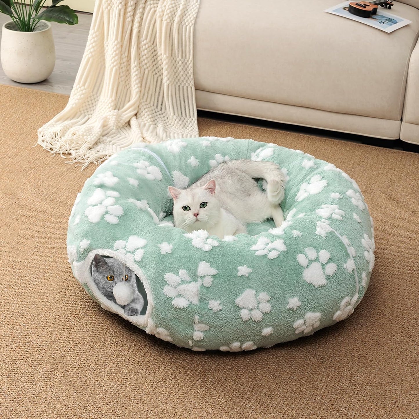 Cat Tunnel for Indoor Cats, Cute Peekaboo Cave with Dangling Balls, Pet Donut Tunnel Bed with Circle Mat for Puppy Kitten Rabbit, Green