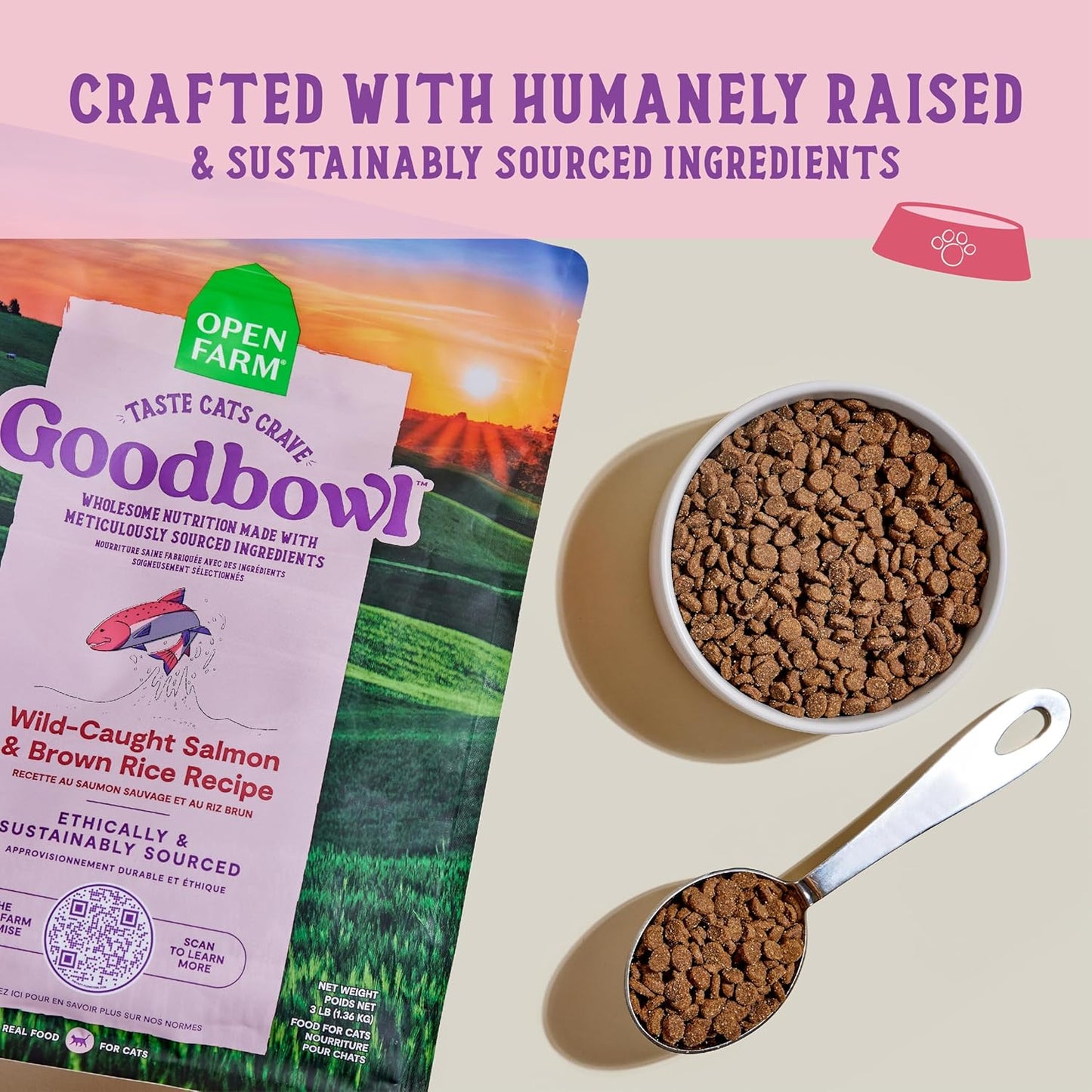 Open Farm Goodbowl, Protein Rich Dry Cat Food Made from Meticulously Sourced Simple Ingredients, Wild-Caught Salmon & Brown Rice Recipe, 3lb Bag (48oz Bag)