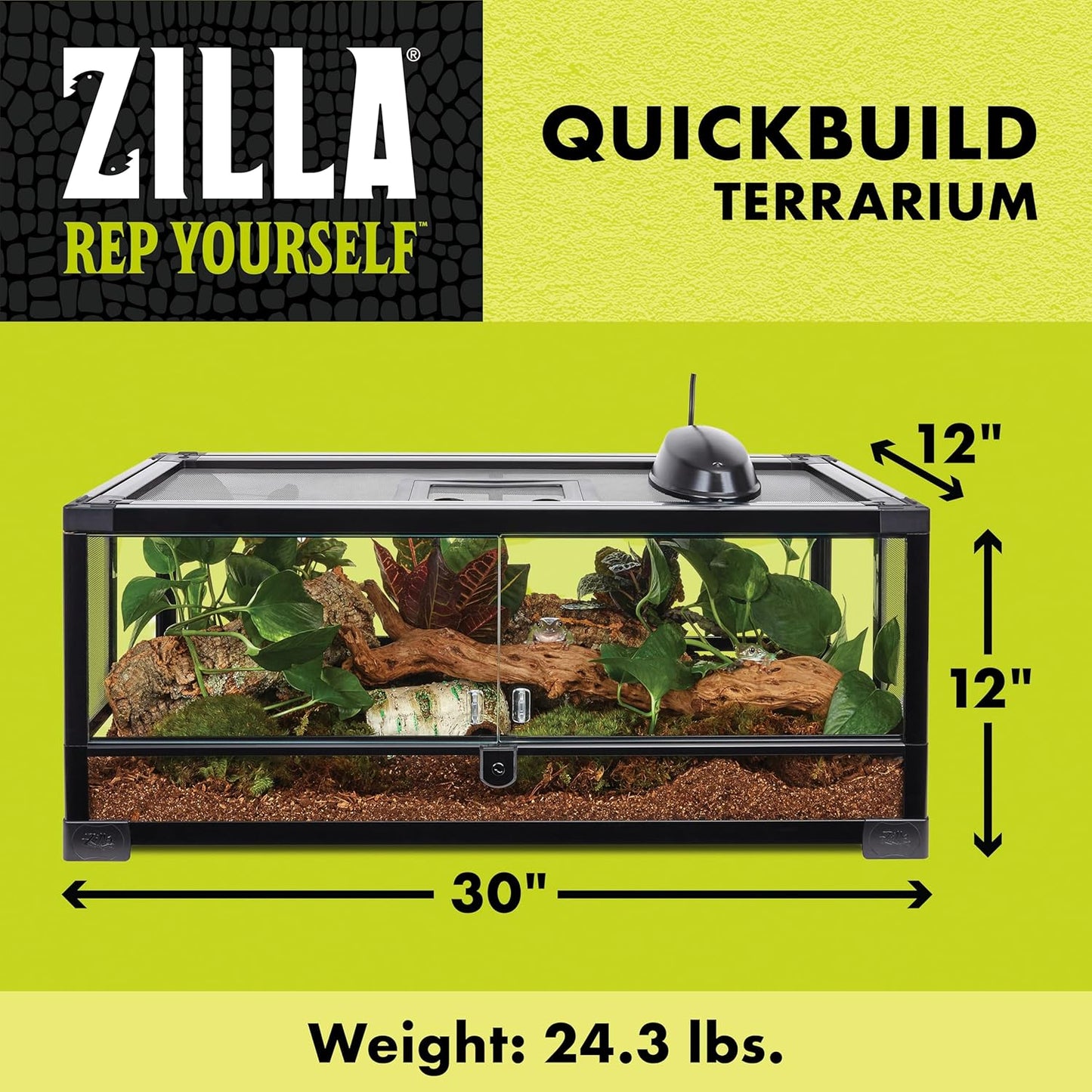 Zilla QuickBuild Reptile 20 Gallon Glass Terrarium Habitat with Swing Door For Geckos, Snakes, Lizards, Frogs, Turtles, and Tortoises, 30" x 12" x 12"