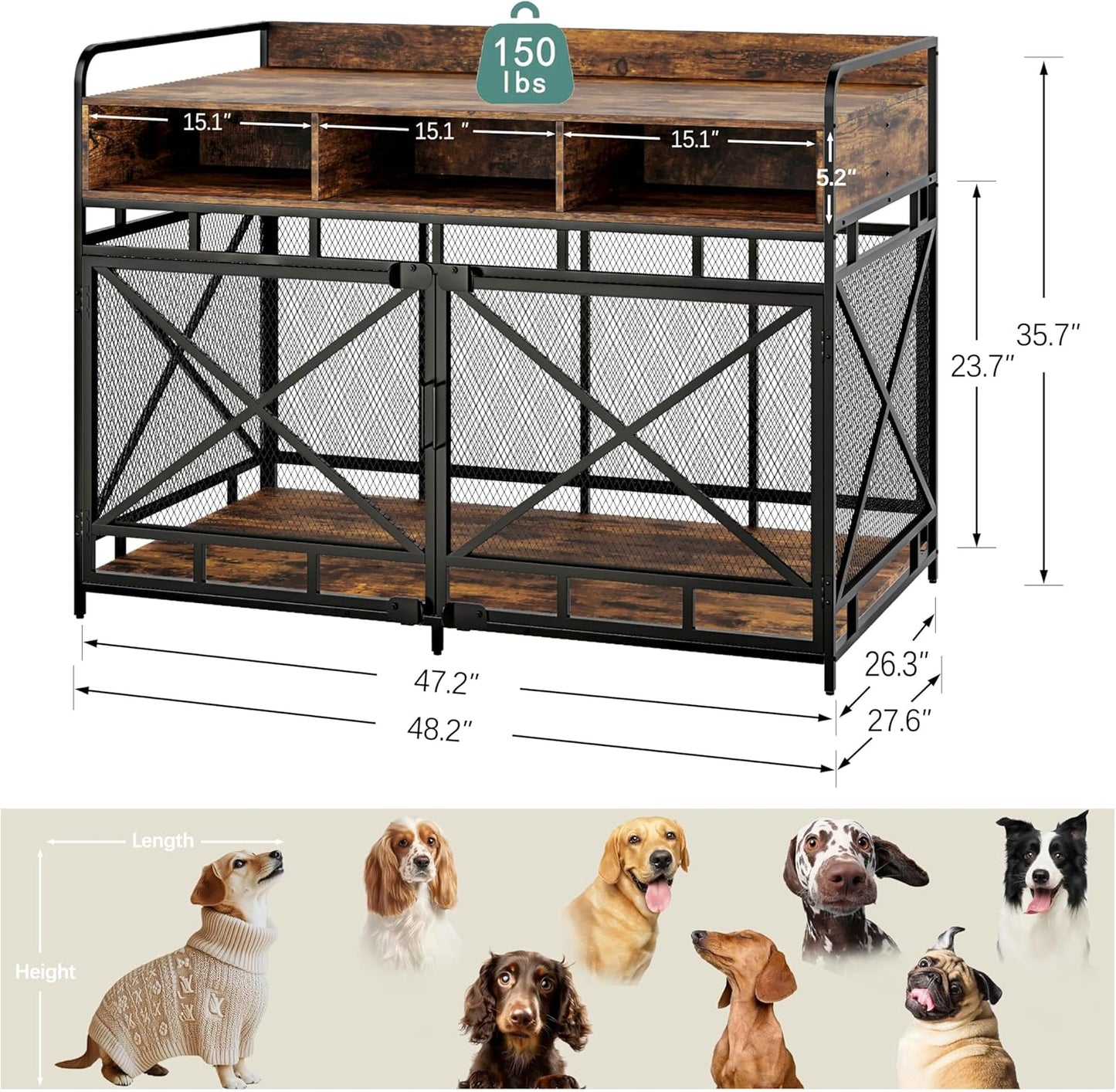 Dog Crate Furniture, 48" Heavy Duty Wooden Dog Crate End Table, XL Dog Kennel Furniture Large Breed, Decorative Dog Kenne Indoor with 3 Drawers & Steel Tubes 48" L x28 W x36 H (Rustic Brown)