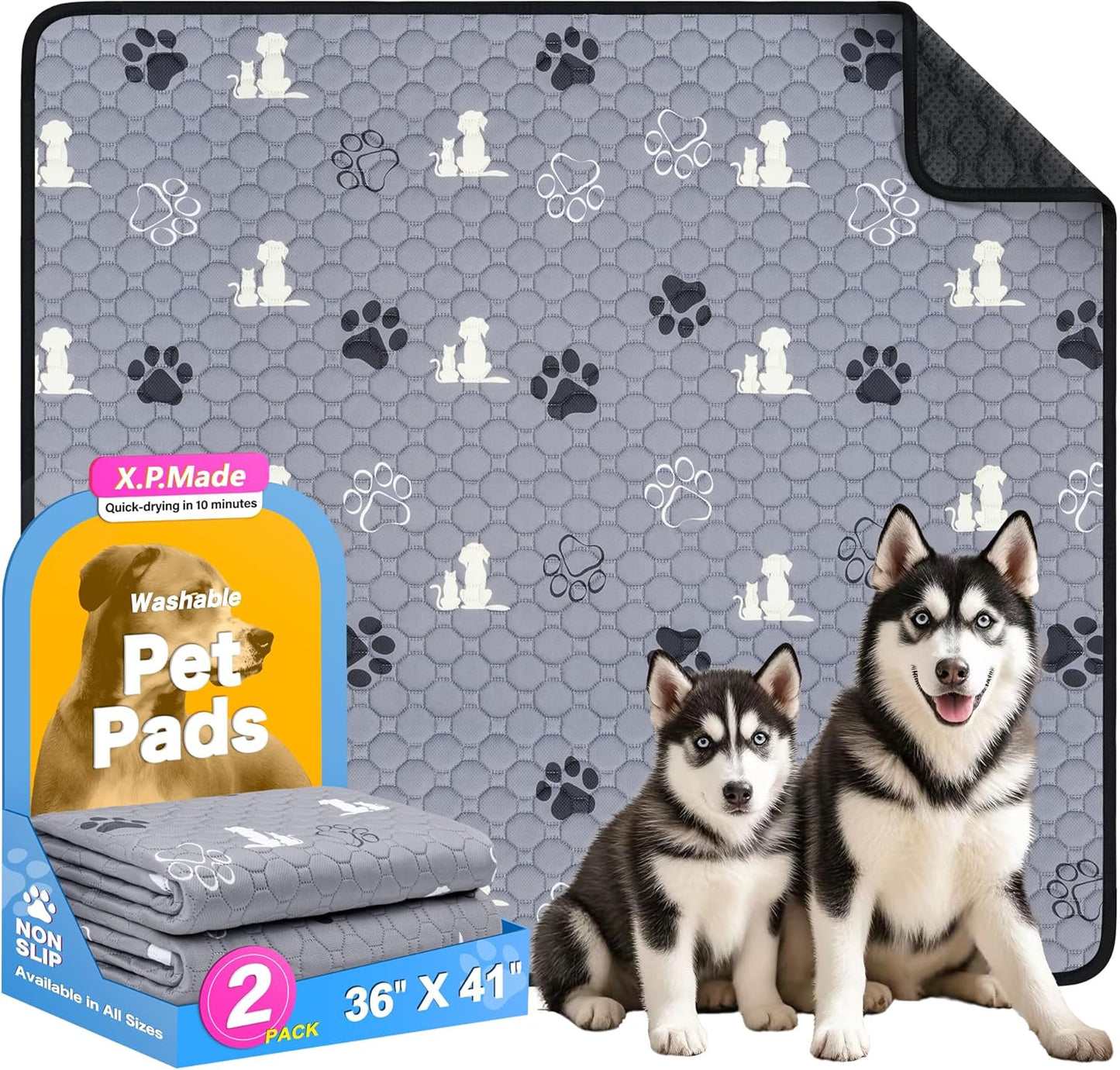 Washable Pee Pads for Dogs, 2 Pack Reusable Puppy Pads, Waterproof Pet Pee Pads for Dog Potty Training, Extra Large Dog Pee Pads for Crate, Playpen, and Whelping, Durable and Absorbent, Grey 36"x41"