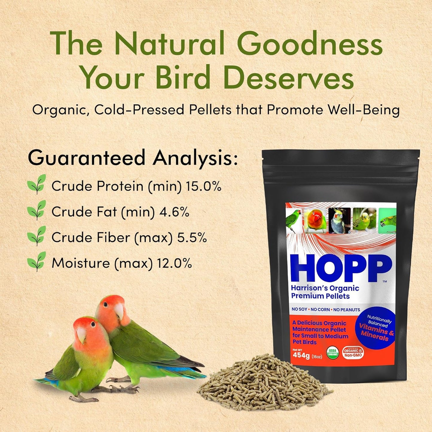 Harrison's Organic Premium Pellets- a Well-Balanced, Certified Organic Small to Medium Pet Bird Diet—No Soy, Corn, and Peanuts for Those Seeking to Avoid These Ingredients